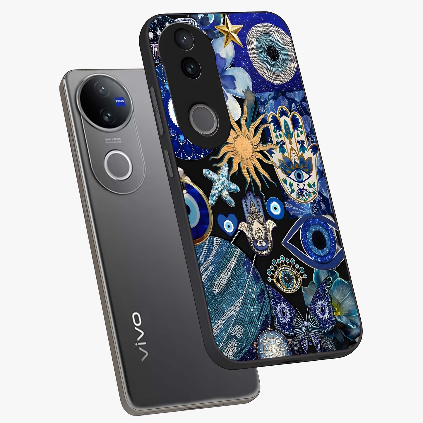 Evil Eye Charm Mix Glass Case displayed in angled mockup highlighting protective evil eye symbols with spiritual aesthetic design.