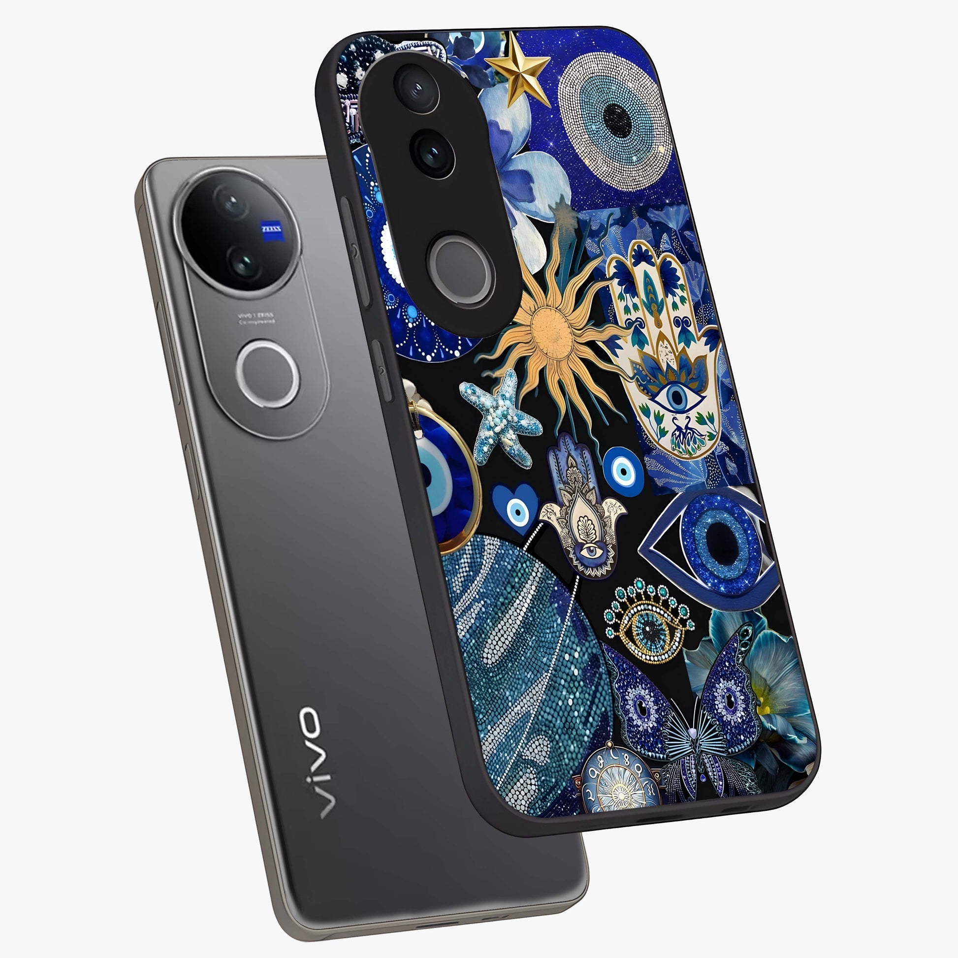 Evil Eye Charm Mix Glass Case displayed in angled mockup highlighting protective evil eye symbols with spiritual aesthetic design.
