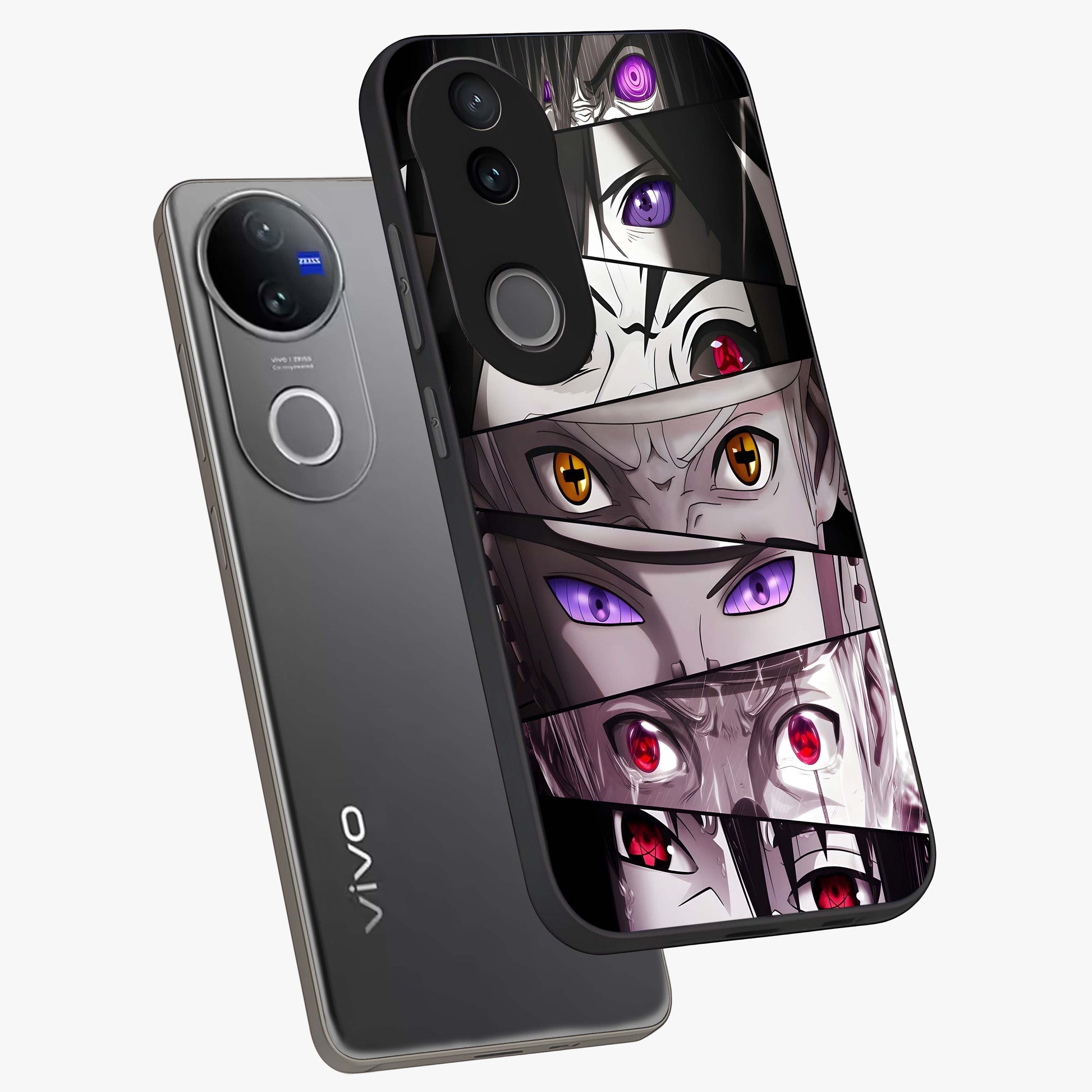 Eyes of Destiny Glass Case displayed in angled mockup highlighting bold eye illustration with mystical aesthetic style.