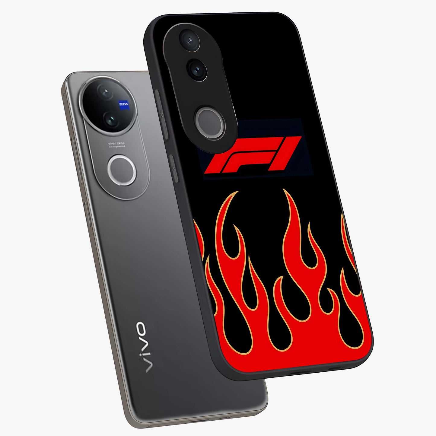 Fire F11 Glass Case displayed in angled mockup highlighting bold fire inspired graphic with energetic aesthetic style.