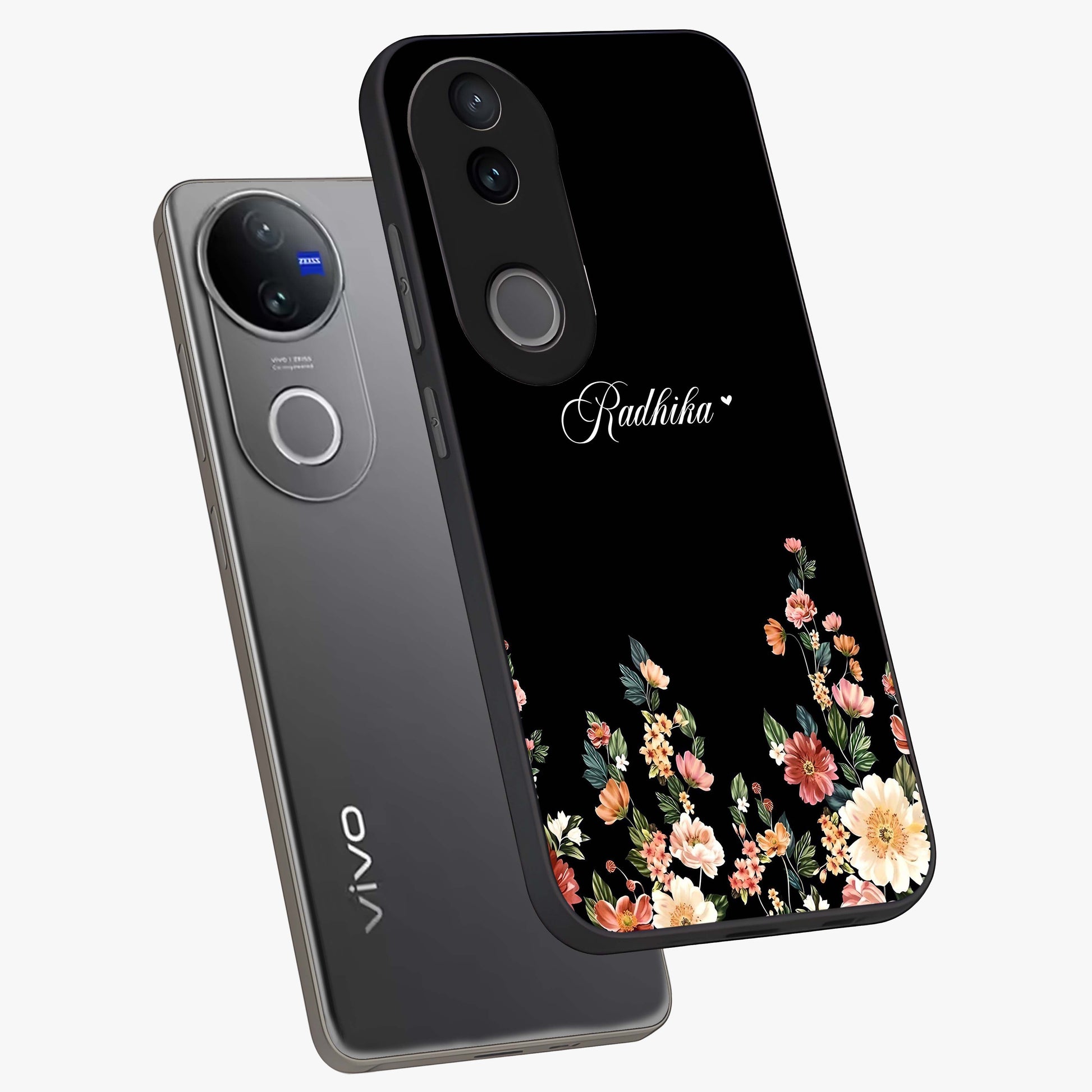 Floral Design With a Custom Personalized Name Glass Case displayed in angled mockup highlighting elegant floral pattern with custom name feature.