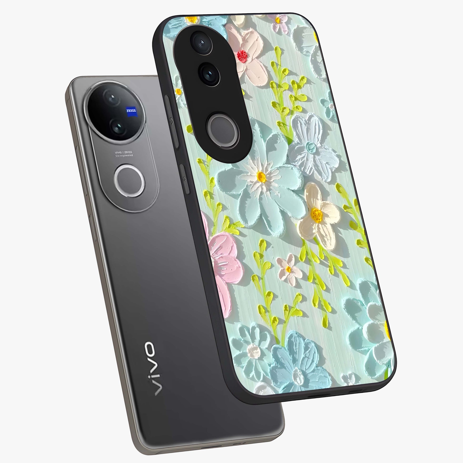 Frosted Petal Garden Glass Case displayed in angled mockup highlighting delicate flower petal design with calm garden aesthetic.