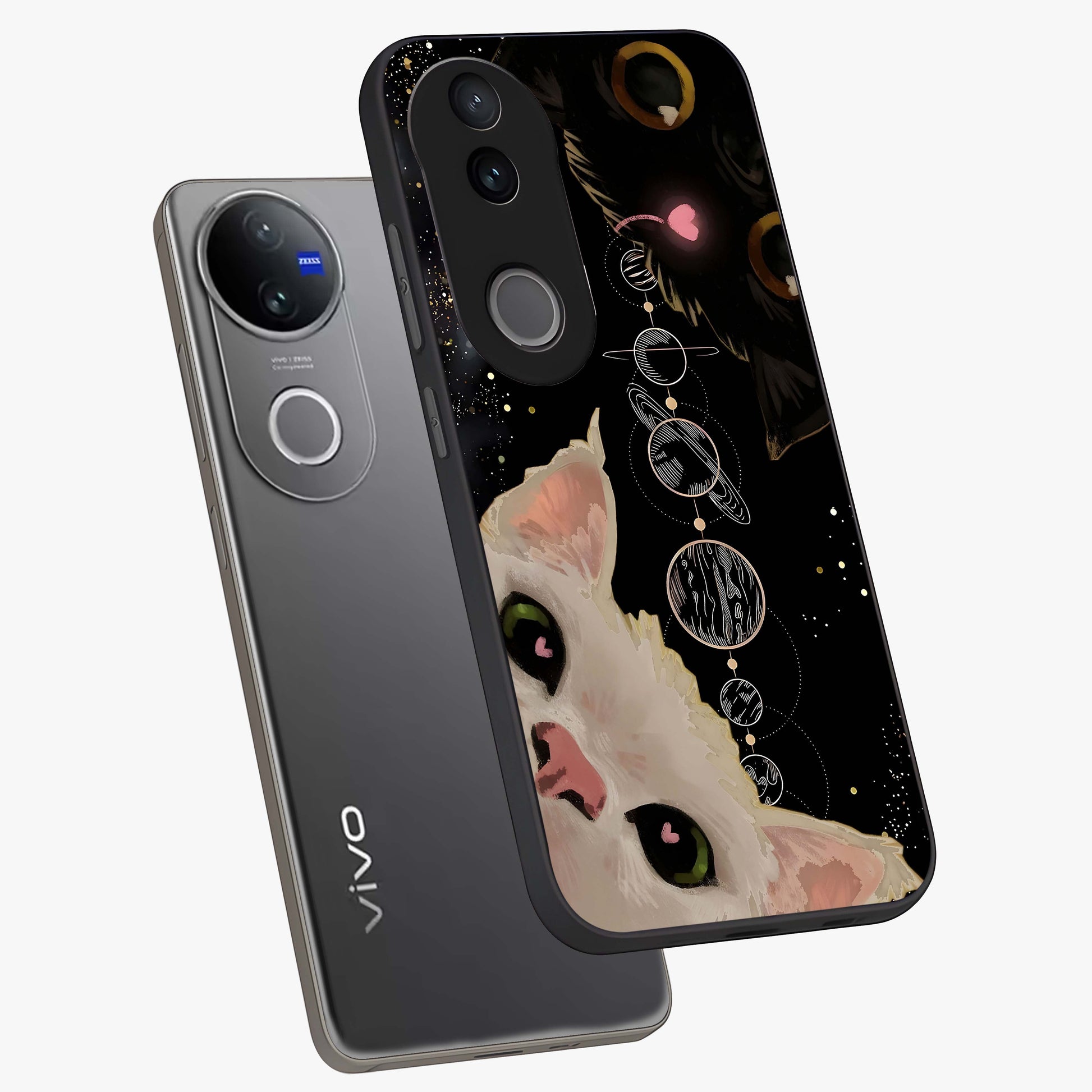 Galactic Cat Glass Case displayed in angled mockup highlighting celestial feline illustration with galaxy aesthetic style.