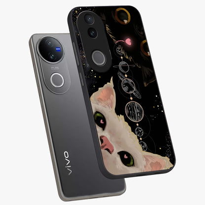 Galactic Cat Glass Case displayed in angled mockup highlighting celestial feline illustration with galaxy aesthetic style.