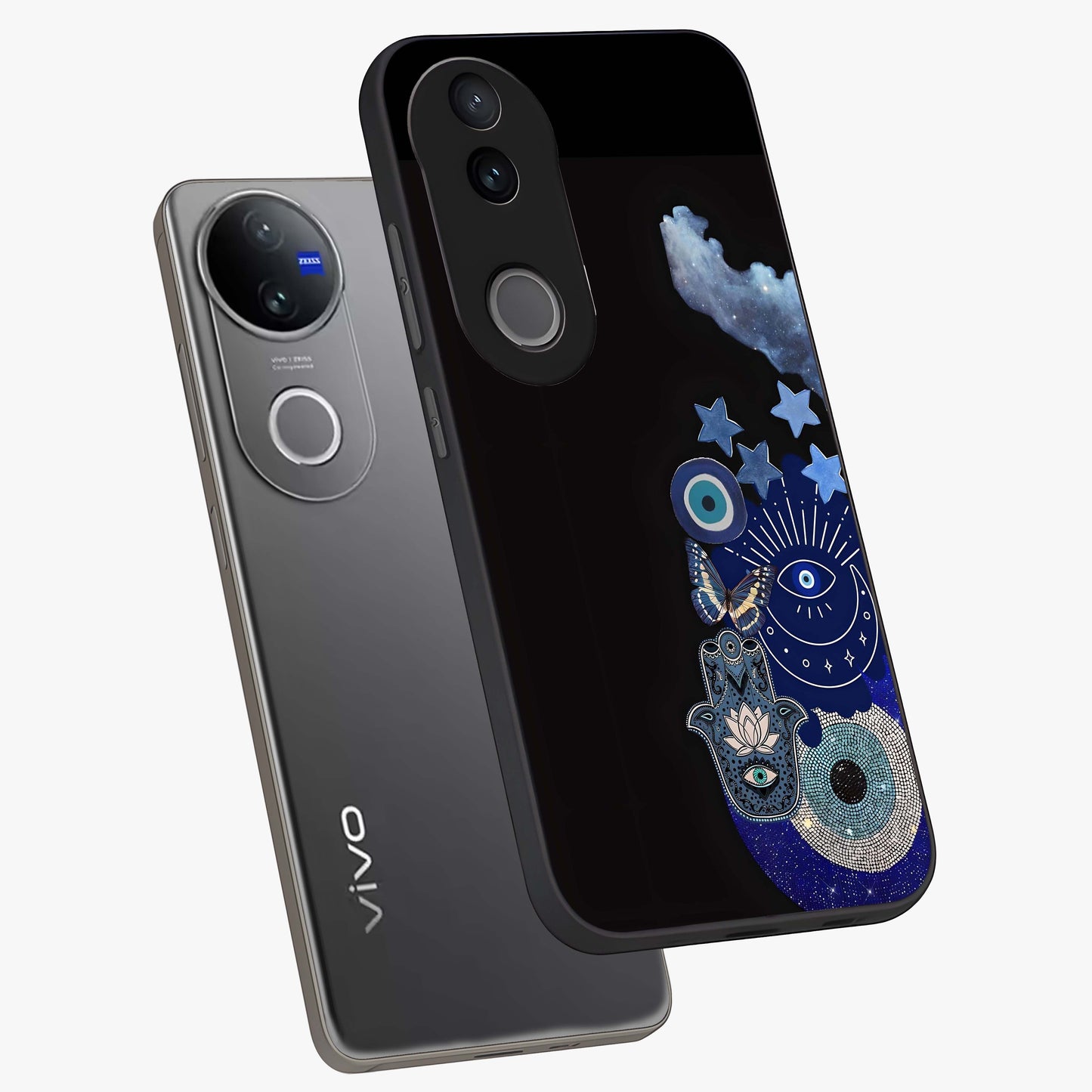 Galactic Charm Cluster Glass Case displayed in angled mockup highlighting luminous galaxy inspired design with dreamy aesthetic.
