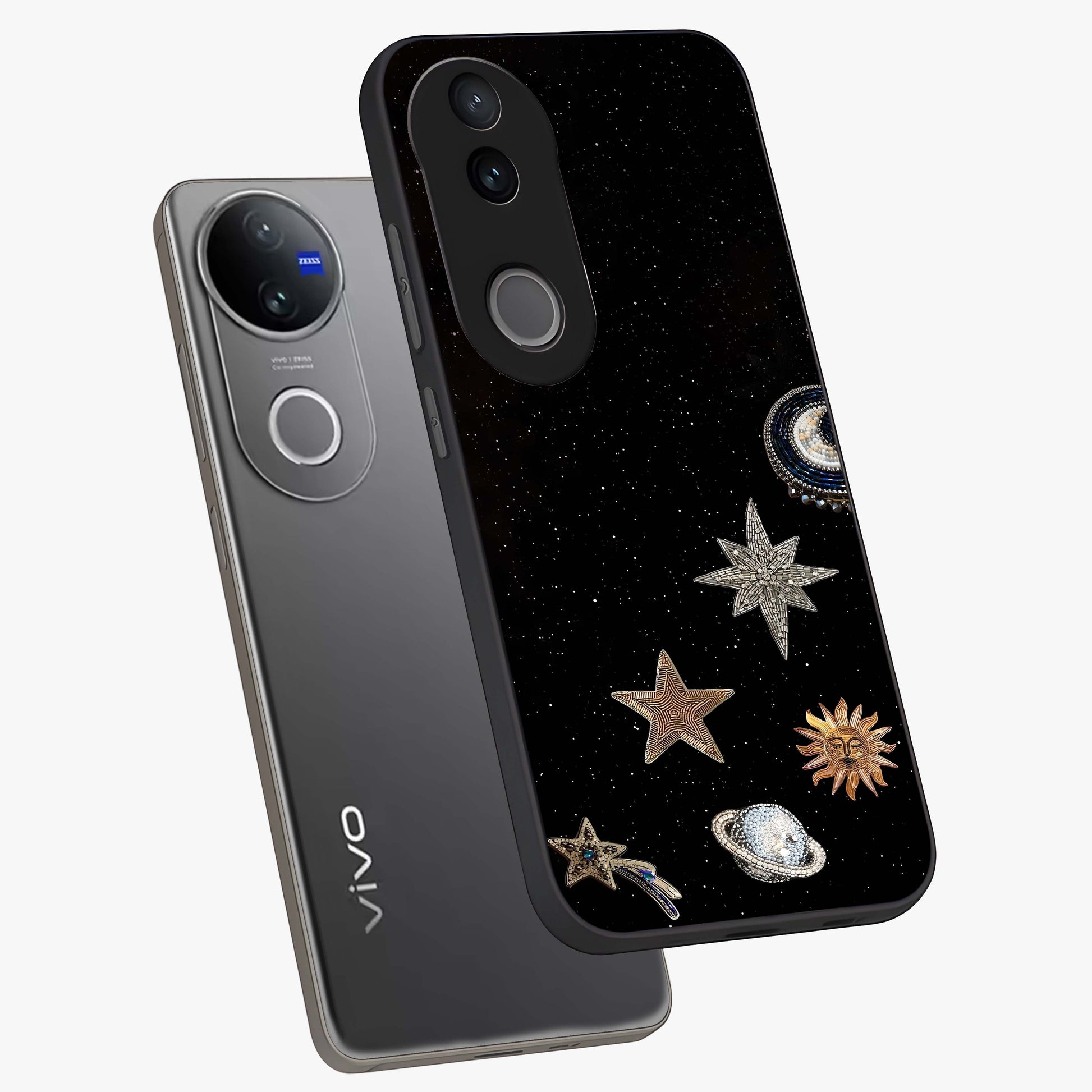 Galactic Charm Glow Glass Case displayed in angled mockup highlighting luminous galaxy inspired design with dreamy aesthetic.