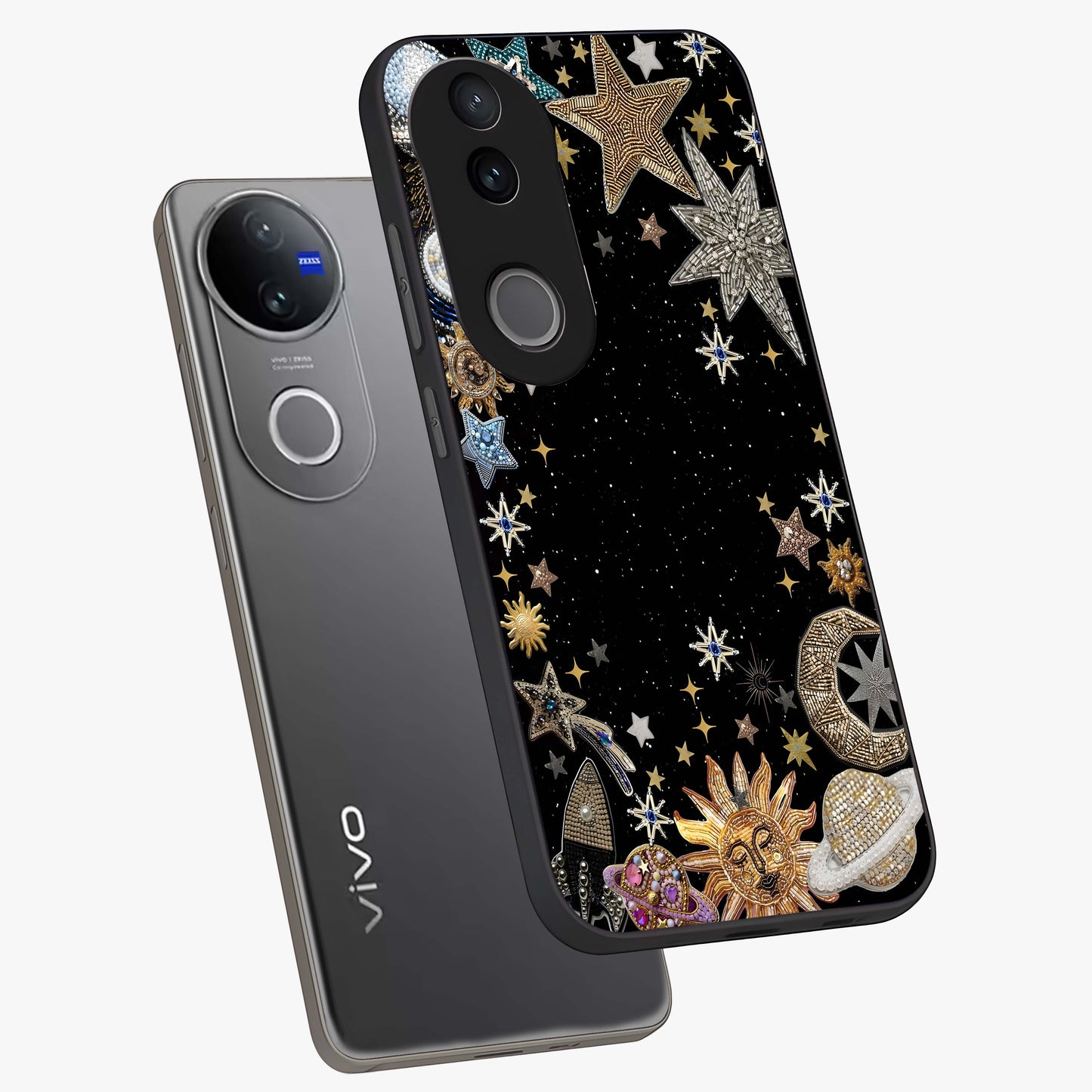 Galactic Jewel Stars Glass Case displayed in angled mockup highlighting shining celestial star design with cosmic aesthetic style.
