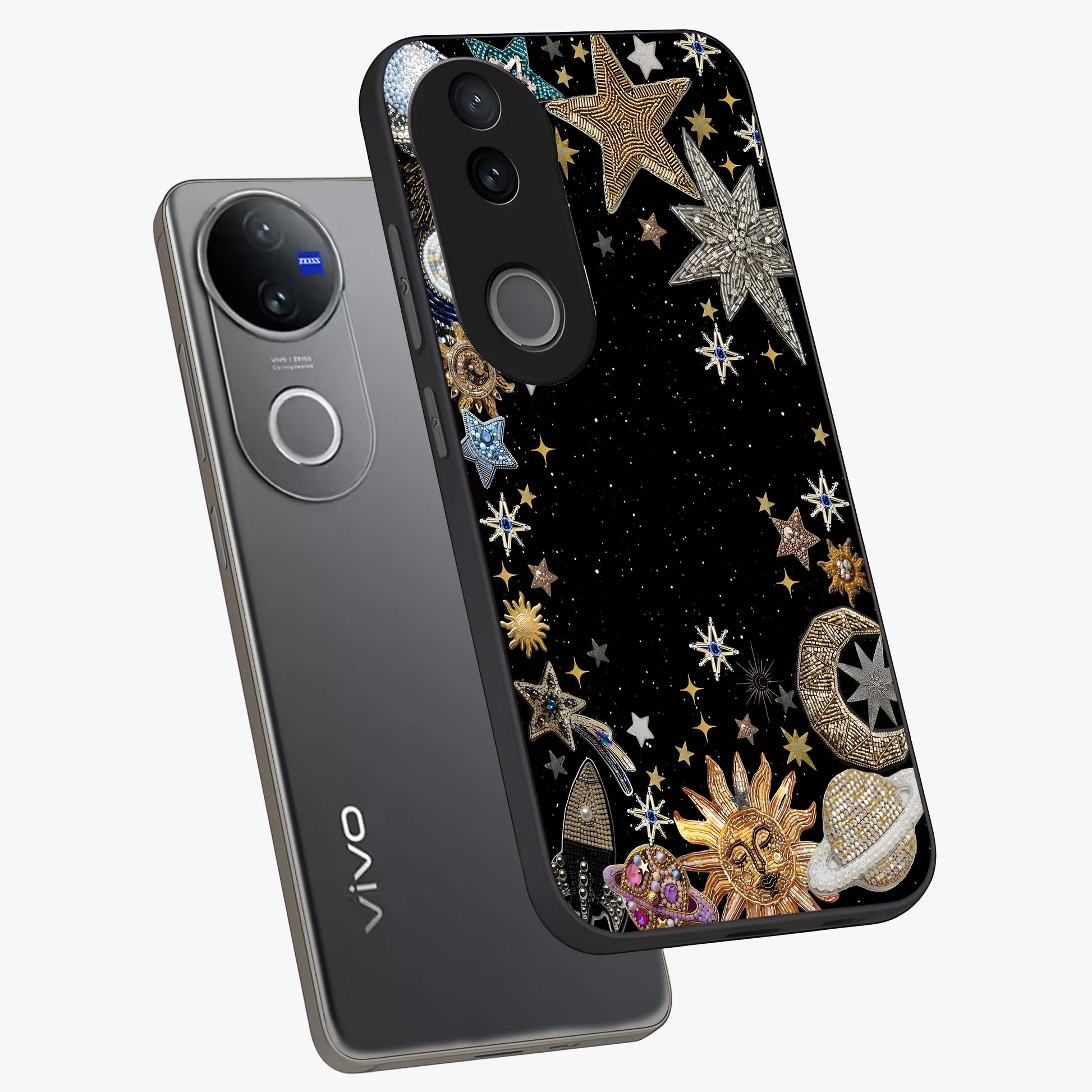 Galactic Jewel Stars Glass Case displayed in angled mockup highlighting shining celestial star design with cosmic aesthetic style.