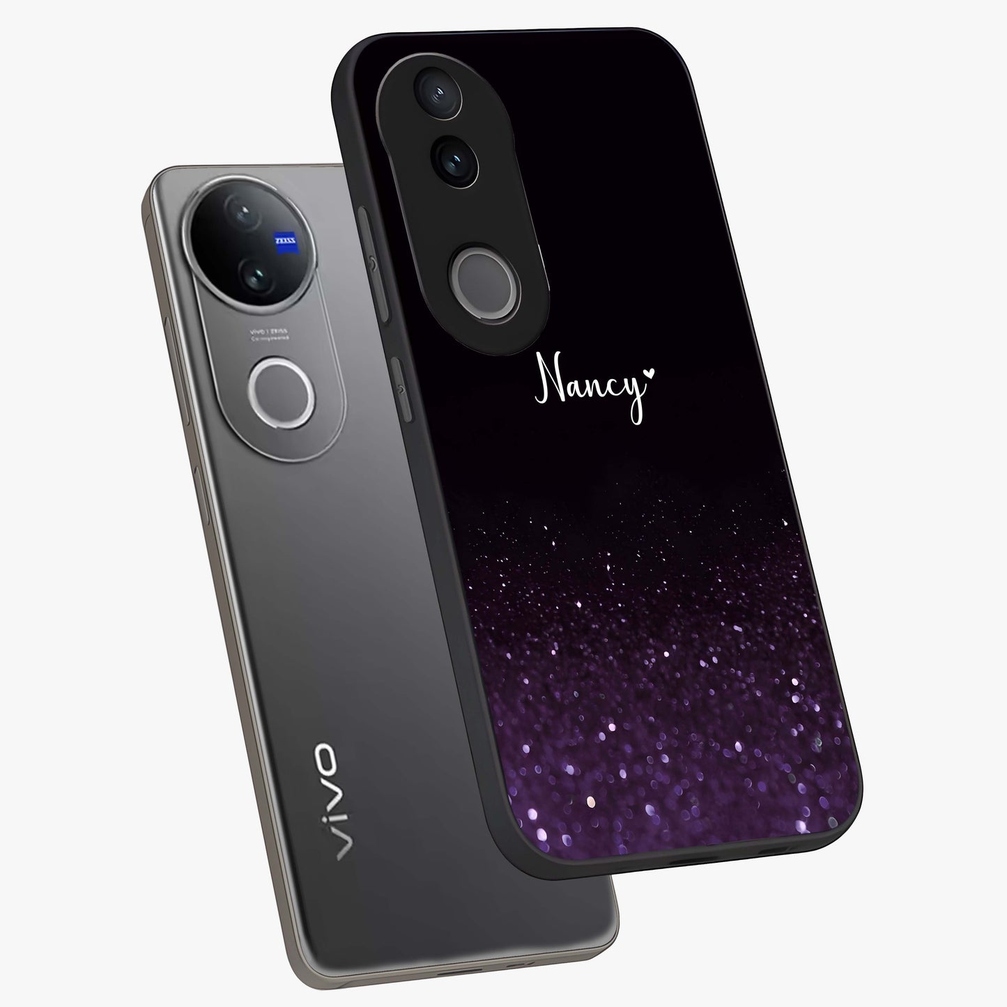 Glittery Purple Bokeh Custom Name Glass Case displayed in angled mockup highlighting glitter bokeh pattern with custom name feature.