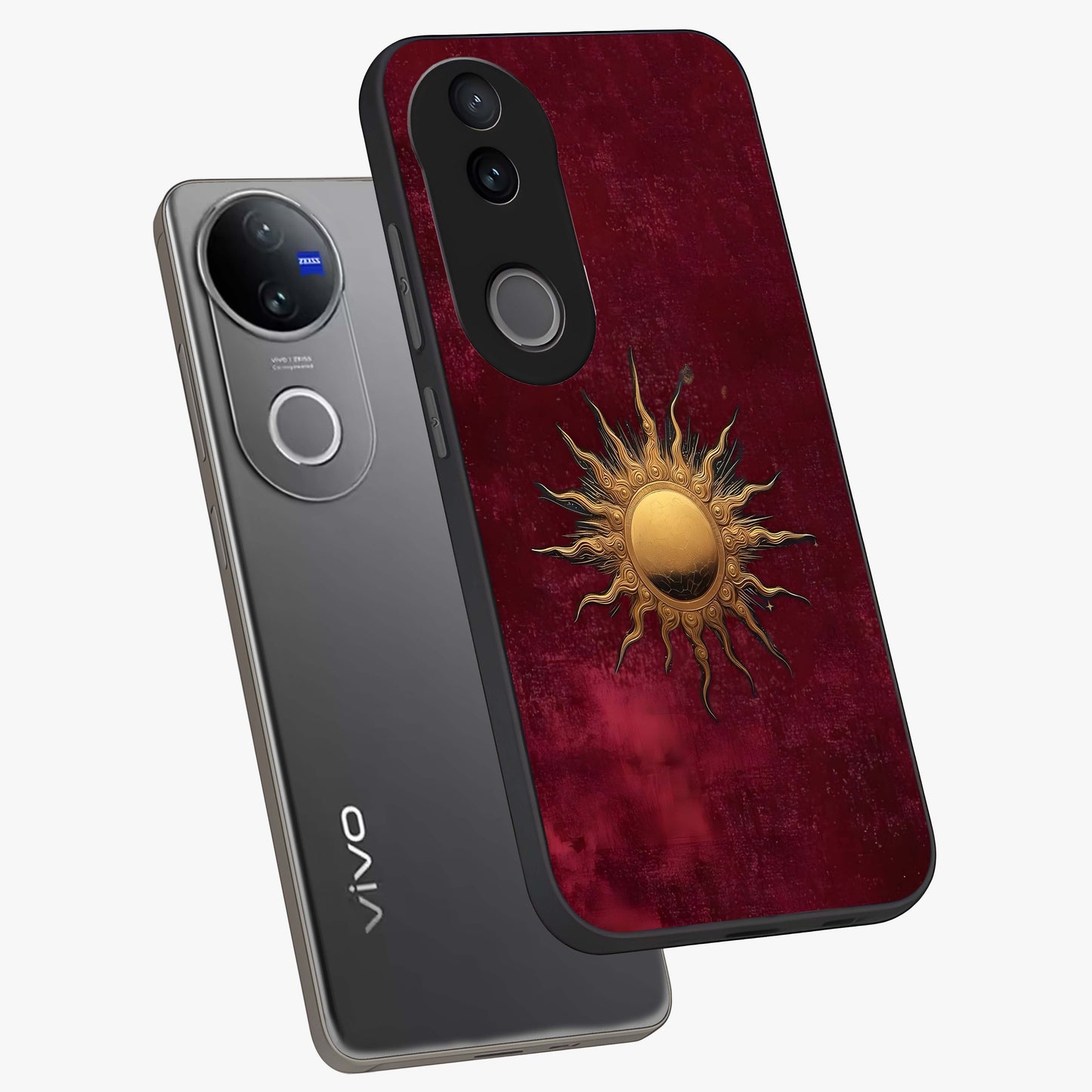Golden Sun Minimalism Glass Case displayed in angled mockup highlighting clean sun symbol design with modern minimal aesthetic.