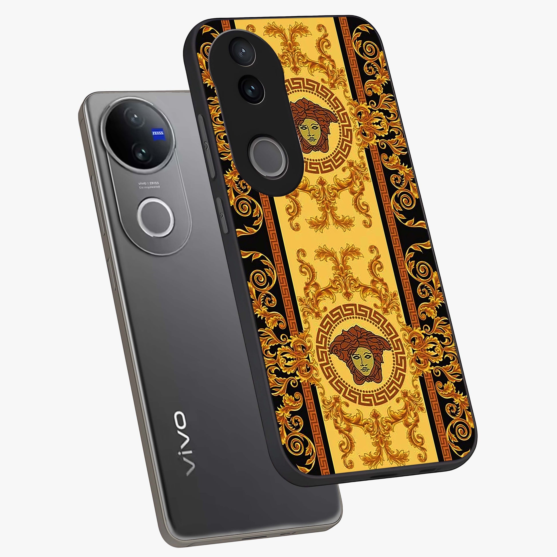 Golden Lotus Glow Glass Case displayed in angled mockup highlighting radiant lotus illustration with spiritual aesthetic.