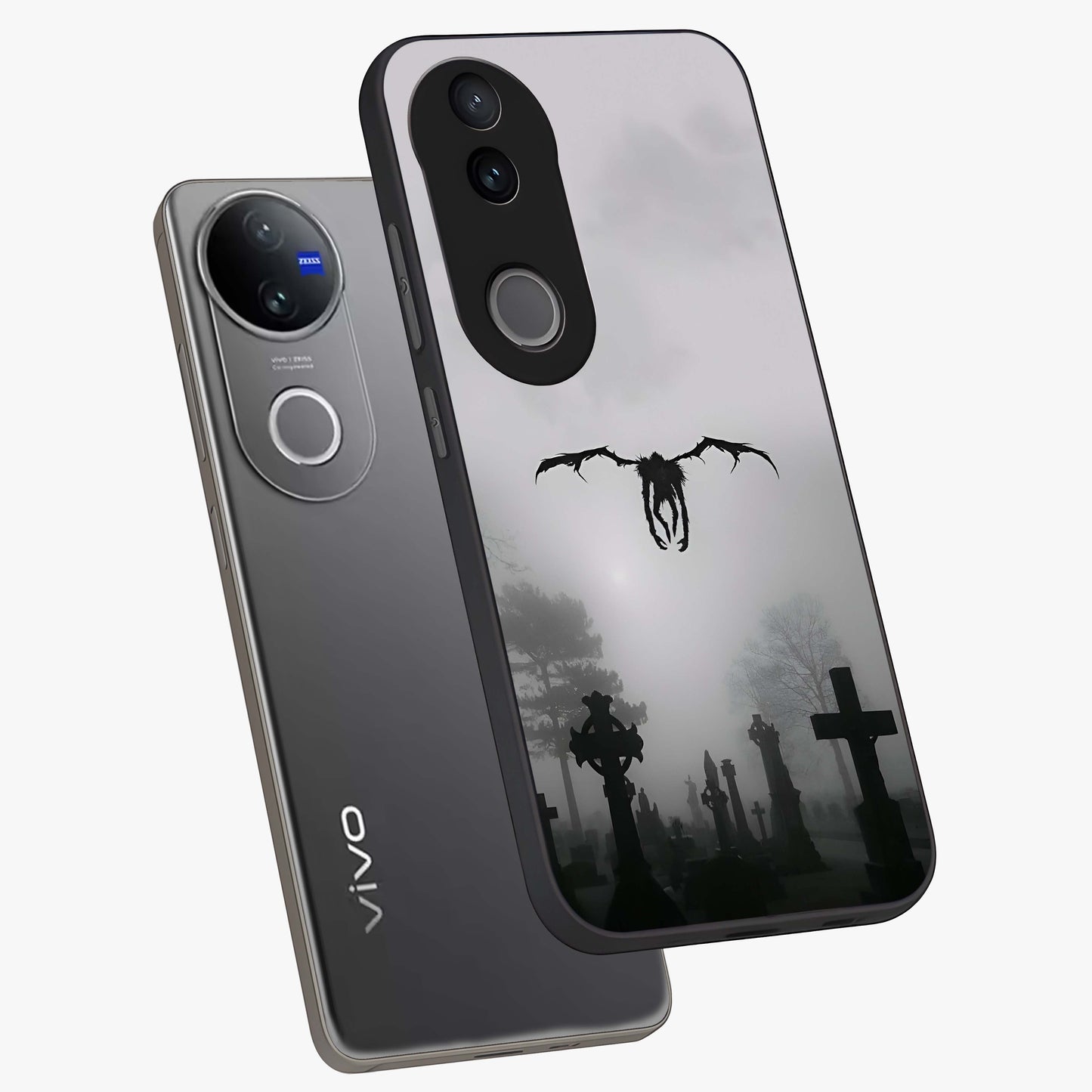 Graveyard Shadow Descent Glass Case displayed in angled mockup highlighting eerie shadow illustration with gothic aesthetic.