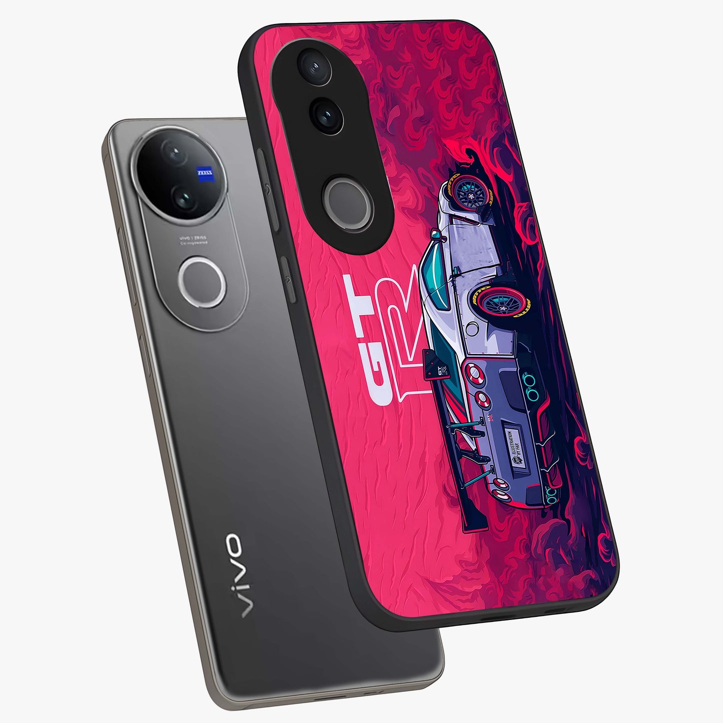 GT-R Car Pattern Glass Case displayed in angled mockup highlighting racing car graphic design with bold automotive aesthetic.