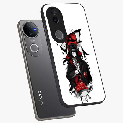 Itachi Limited Edition Naruto Anime Glass Case displayed in angled mockup highlighting dramatic anime illustration with bold action aesthetic.