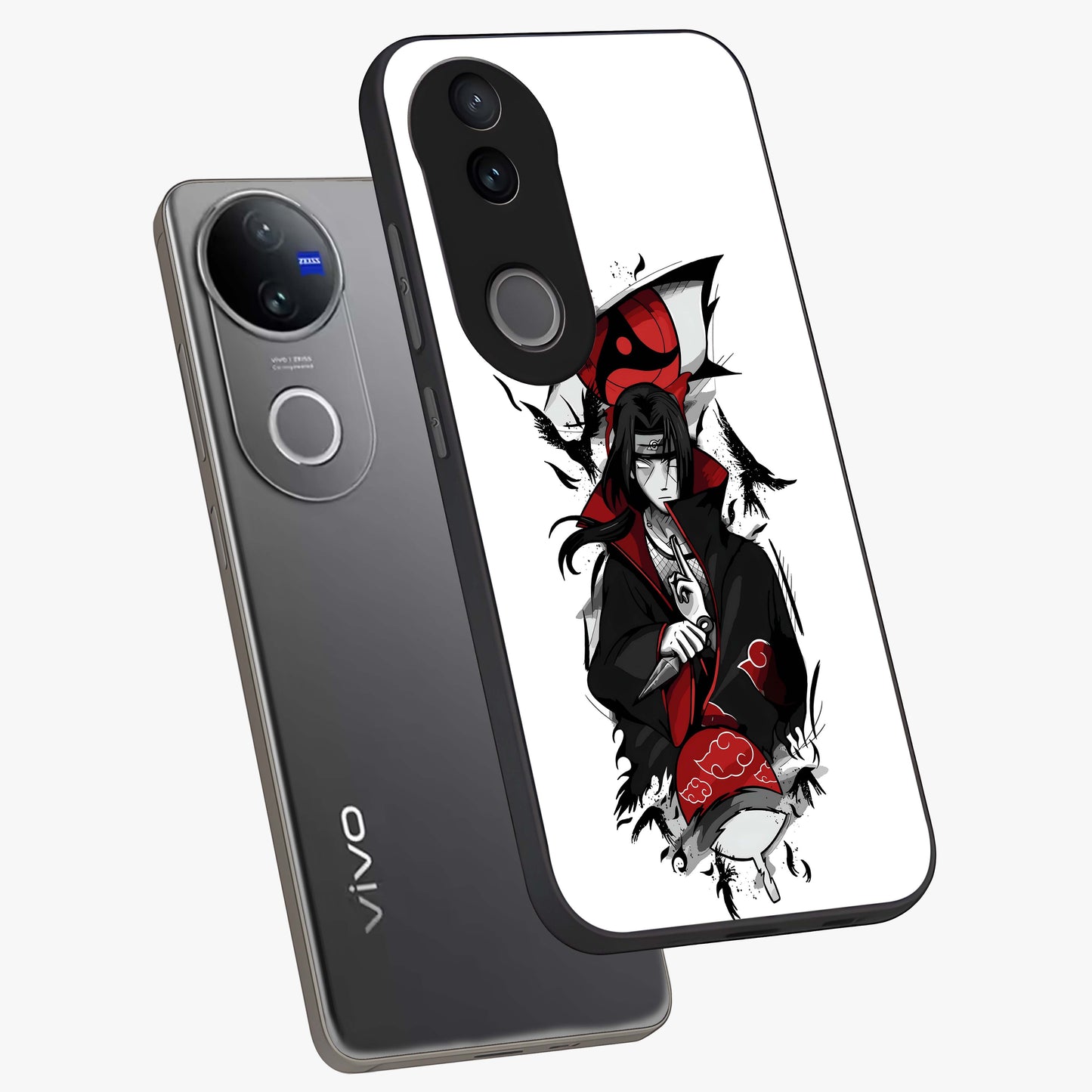 Itachi Limited Edition Naruto Anime Glass Case displayed in angled mockup highlighting dramatic anime illustration with bold action aesthetic.