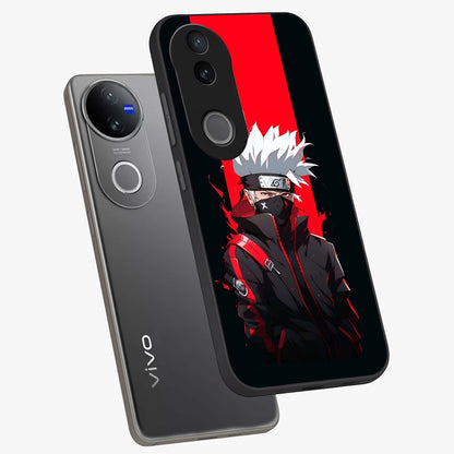 Kakashi Scarlet Shadow Glass Case displayed in angled mockup highlighting dramatic ninja illustration with scarlet themed aesthetic.