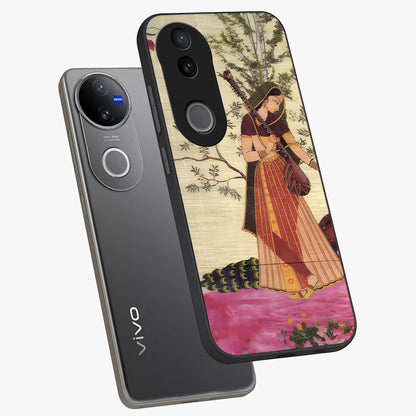 Lady With Veena Art Glass Case displayed in angled mockup highlighting graceful musical illustration with cultural artistic aesthetic.