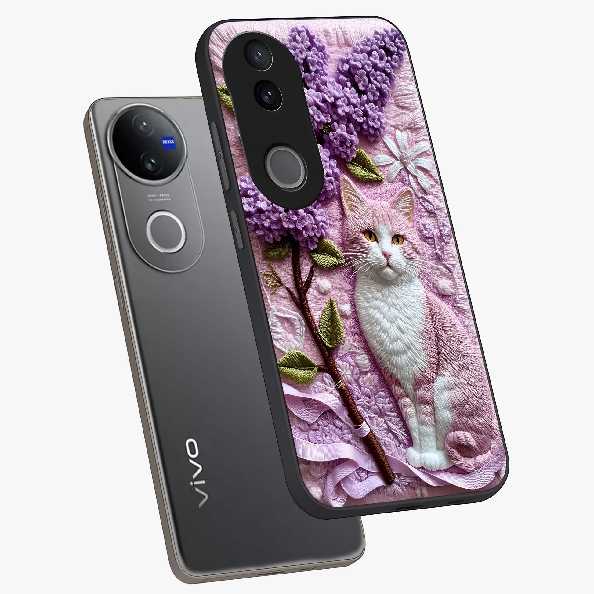 Lavender Cat Whimsy Glass Case displayed in angled mockup highlighting playful feline illustration with pastel lavender aesthetic.