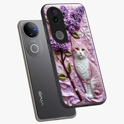 Lavender Cat Whimsy Glass Case displayed in angled mockup highlighting playful feline illustration with pastel lavender aesthetic.
