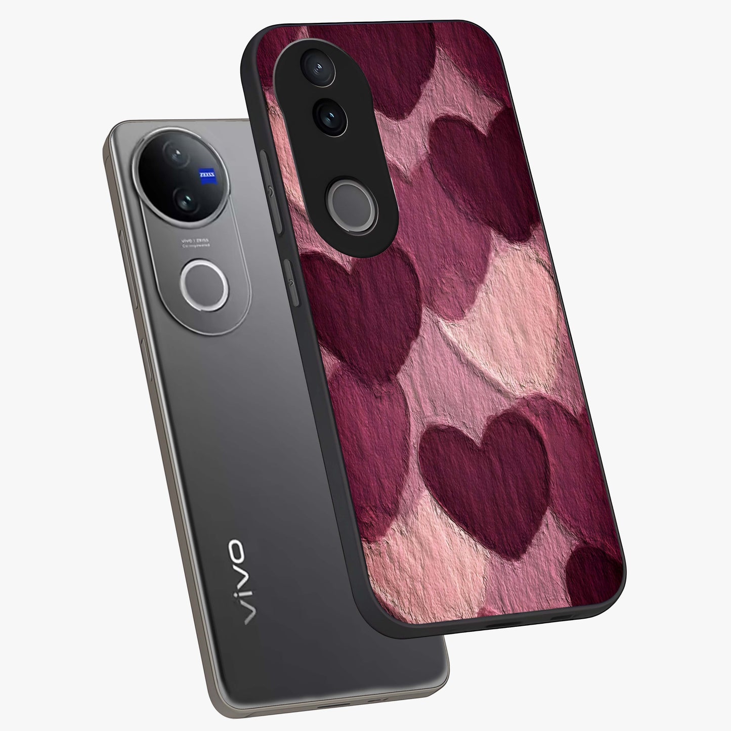 Layered Paper Hearts Glass Case displayed in angled mockup highlighting creative paper craft heart design with romantic aesthetic.
