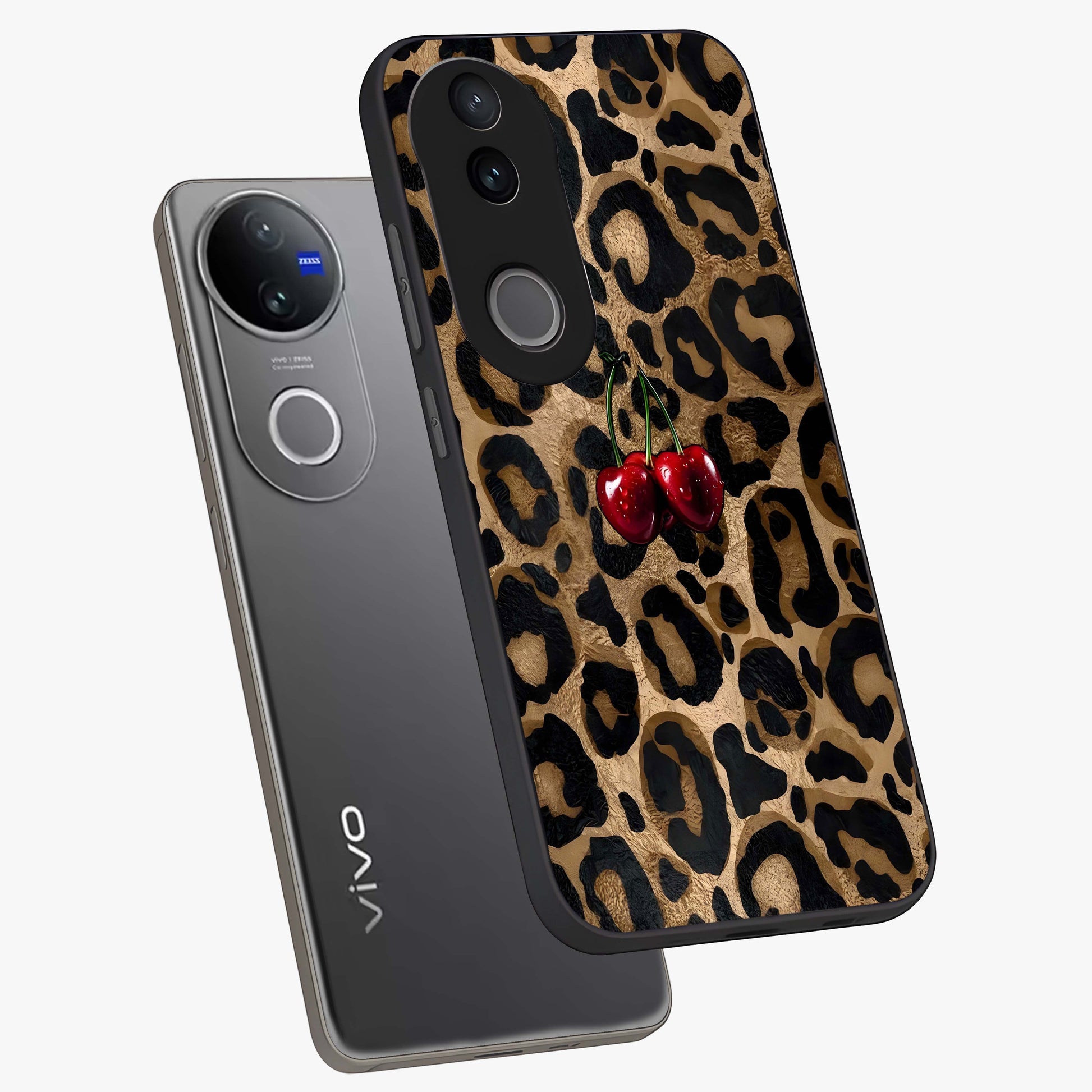 Leopard Wild Cherry Glass Case displayed in angled mockup highlighting bold animal print design with playful cherry aesthetic.