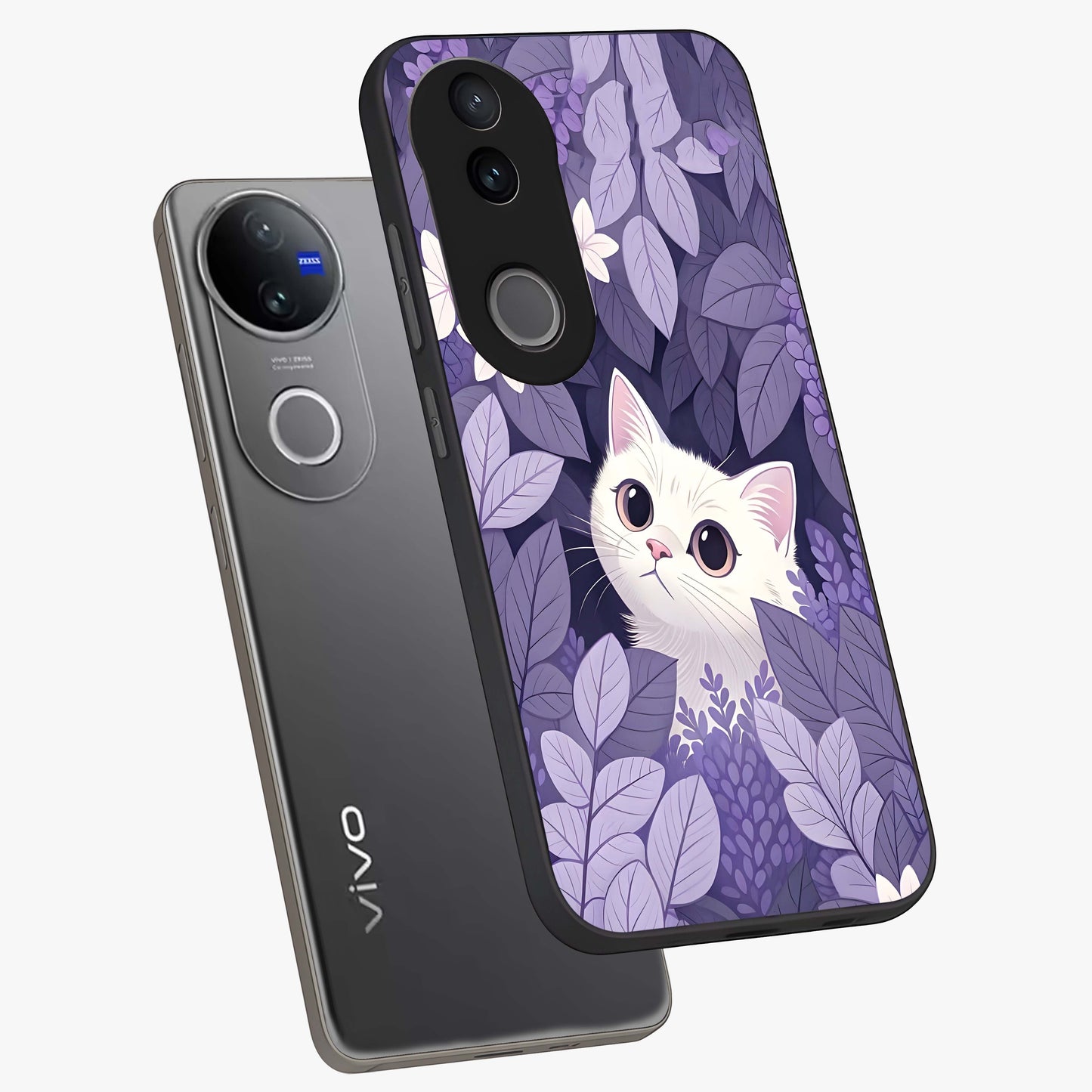 Lilac Hide Peek Cat Glass Case displayed in angled mockup highlighting playful feline illustration with lilac aesthetic design.
