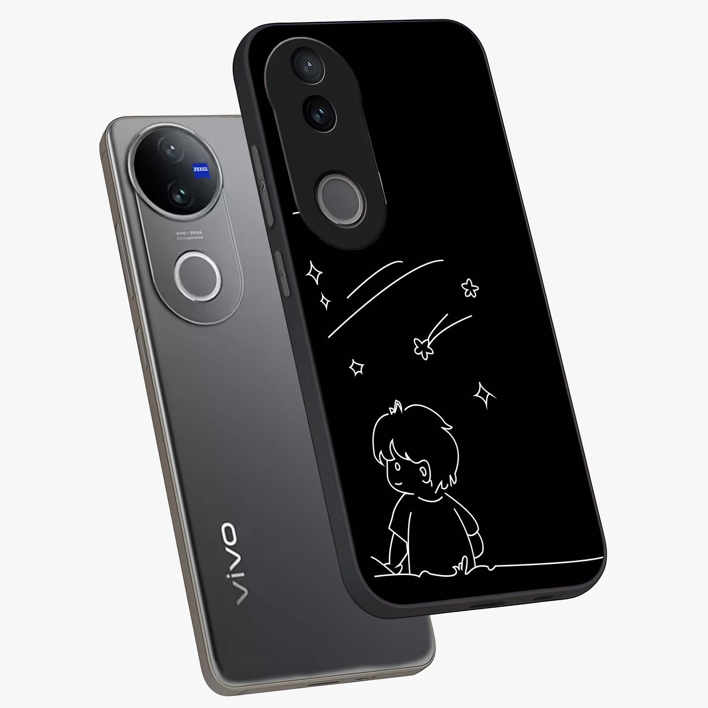 Line Art Boy With Shooting Stars Glass Case displayed in angled mockup highlighting elegant line art design with dreamy star aesthetic.