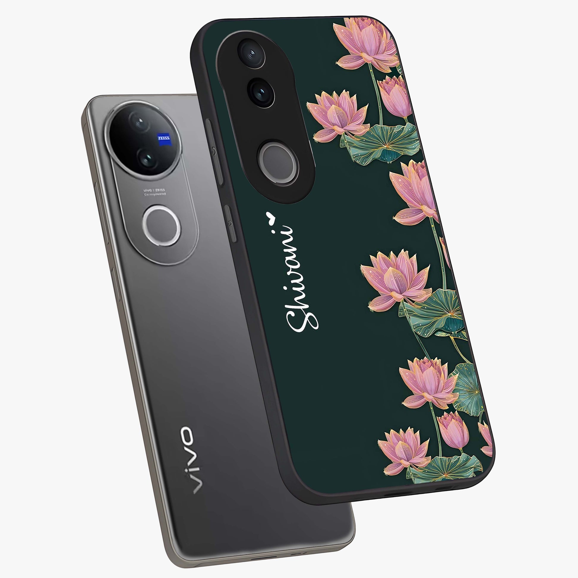 Lotus Bloom Serenity Custom Name Glass Case displayed in angled mockup highlighting graceful lotus illustration with custom name feature.