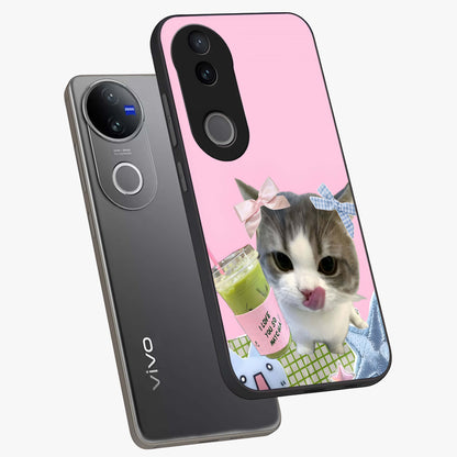 Love Matcha Cat Glass Case displayed in angled mockup highlighting playful feline illustration with cozy matcha aesthetic.