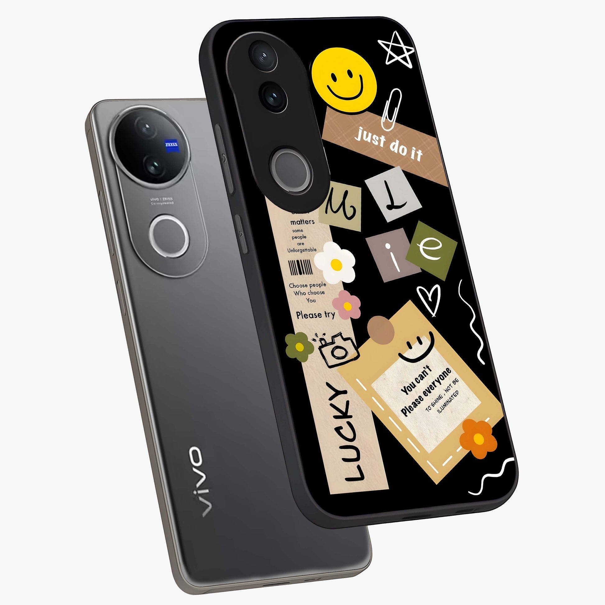 Lucky Aesthetic Collage Glass Case displayed in angled mockup highlighting stylish collage pattern with modern aesthetic vibe.