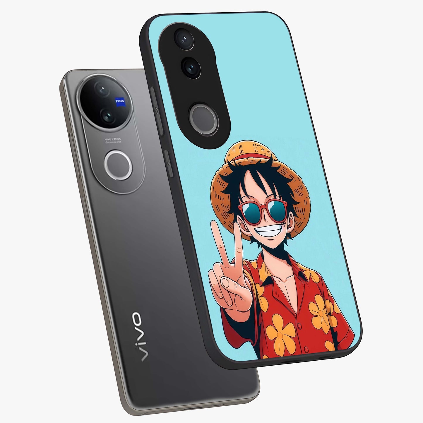 Luffy Summer Anime Vibe Glass Case displayed in angled mockup highlighting energetic anime illustration with summer vibe aesthetic.