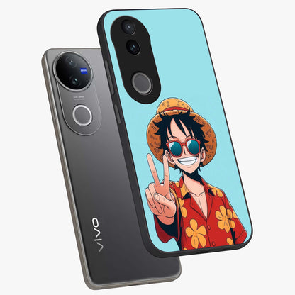 Luffy Summer Anime Vibe Glass Case displayed in angled mockup highlighting energetic anime illustration with summer vibe aesthetic.
