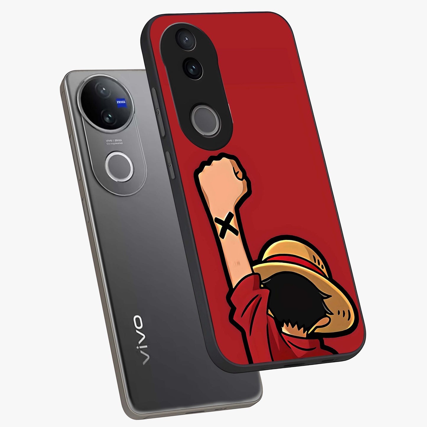 Luffy X Spirit Glass Case displayed in angled mockup highlighting powerful anime design with energetic action aesthetic.