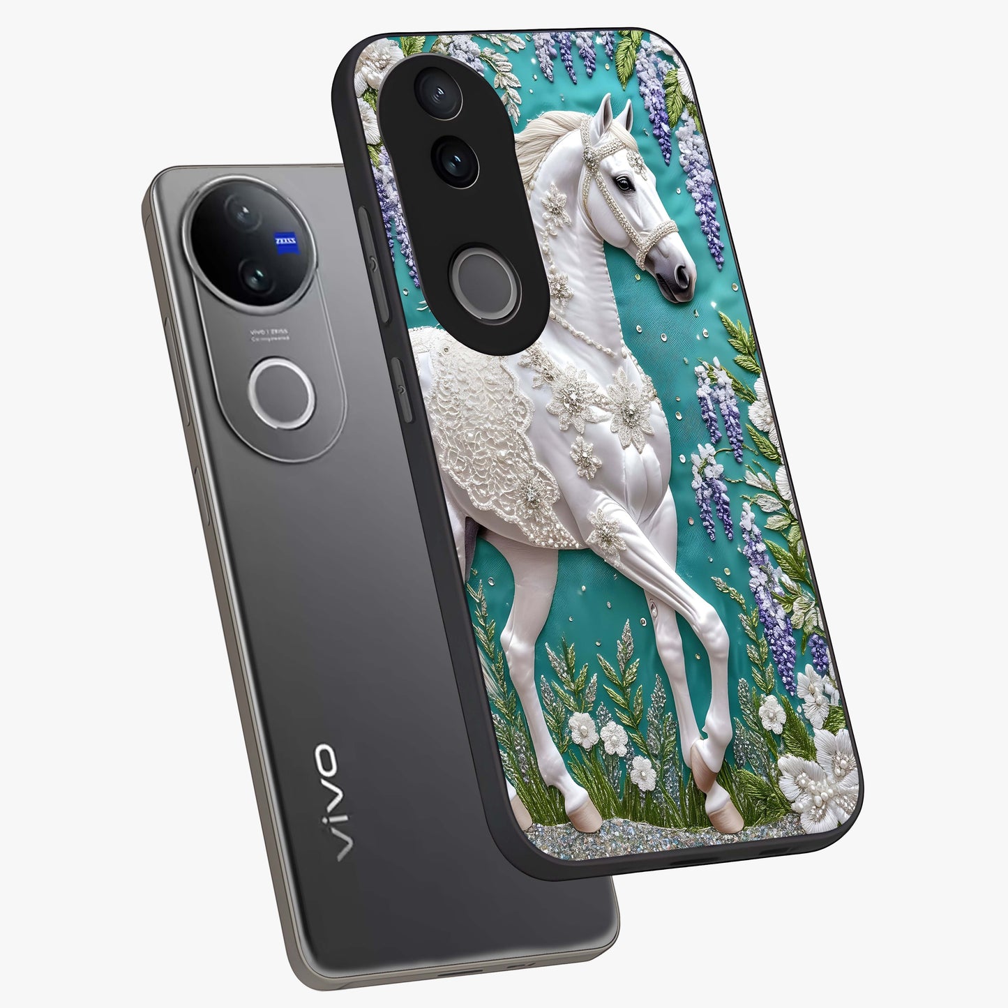 Majestic Floral Stallion Glass Case displayed in angled mockup highlighting majestic stallion illustration with elegant floral aesthetic.