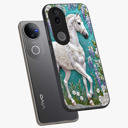Majestic Floral Stallion Glass Case displayed in angled mockup highlighting majestic stallion illustration with elegant floral aesthetic.