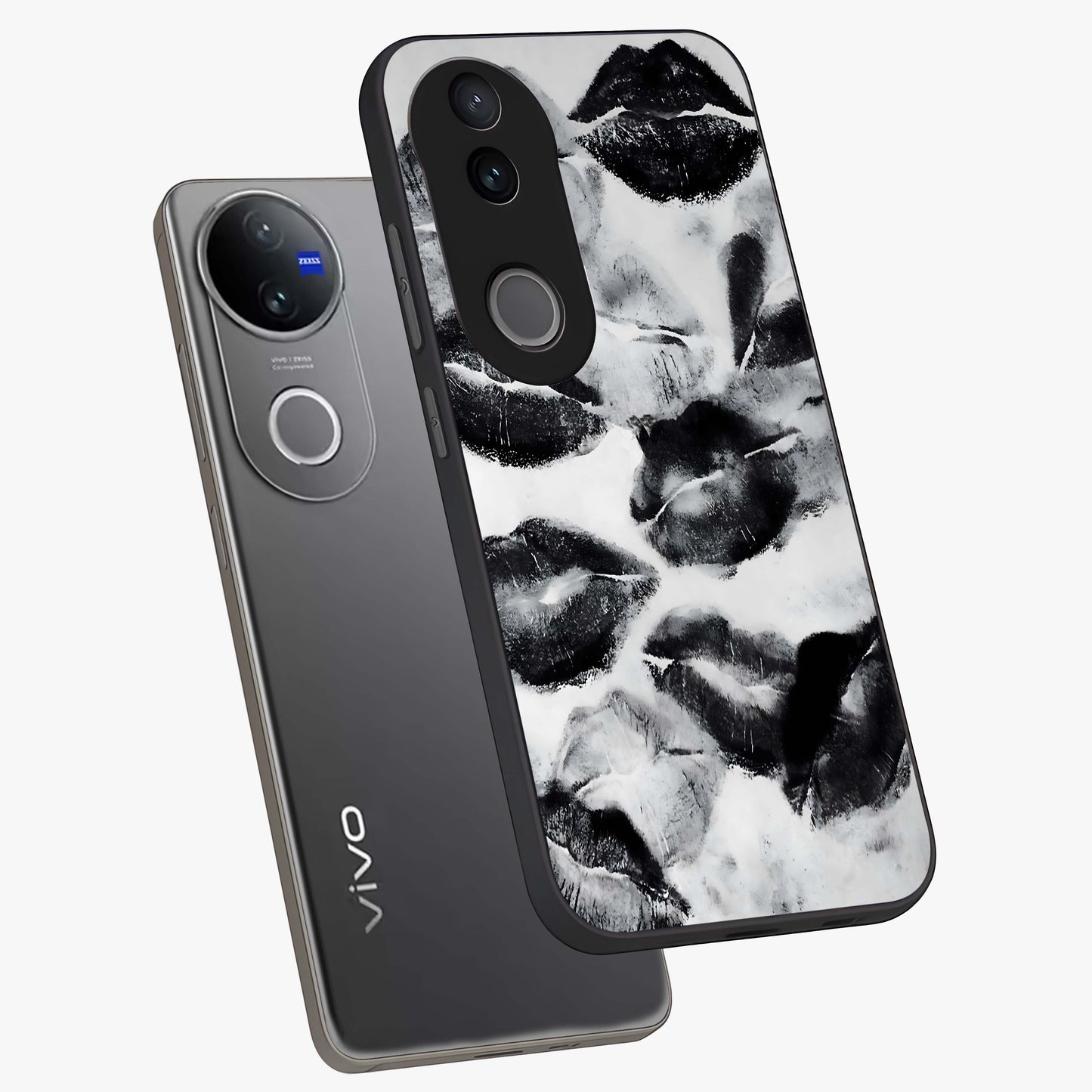 Midnight Kiss Marks Glass Case displayed in angled mockup highlighting playful romantic design with bold midnight aesthetic.