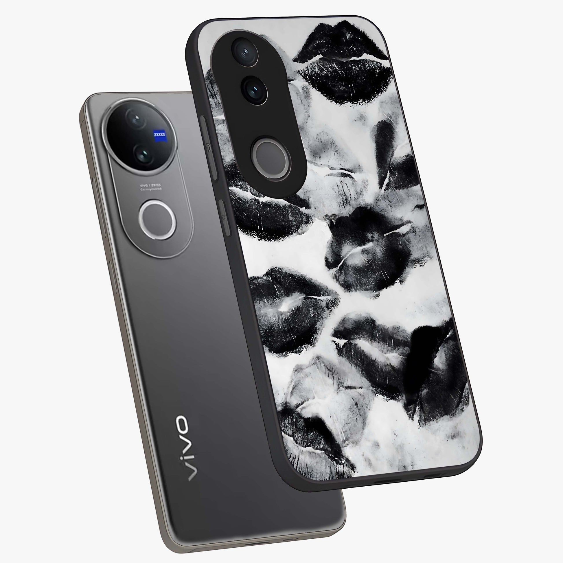 Midnight Kiss Marks Glass Case displayed in angled mockup highlighting playful romantic design with bold midnight aesthetic.