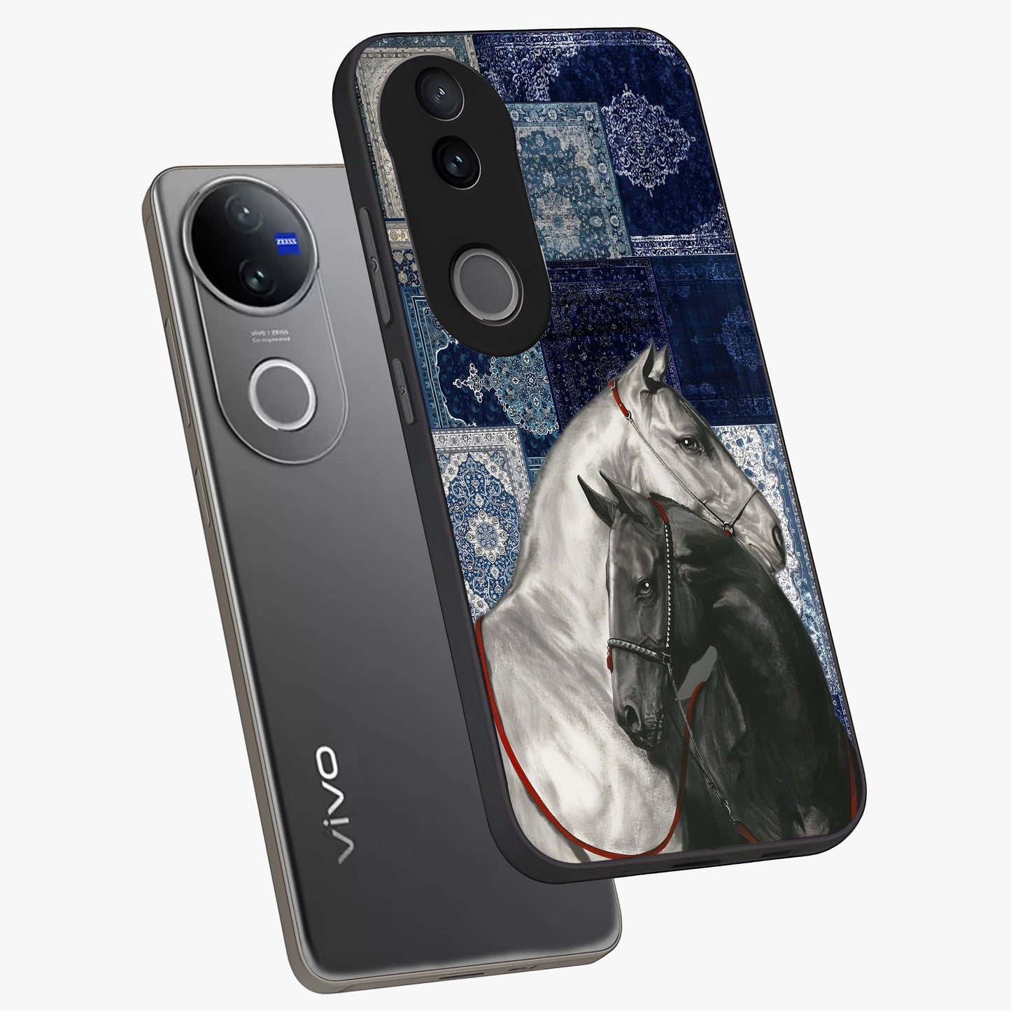 Midnight Stallion Blues Glass Case displayed in angled mockup highlighting powerful stallion illustration with deep midnight tones.