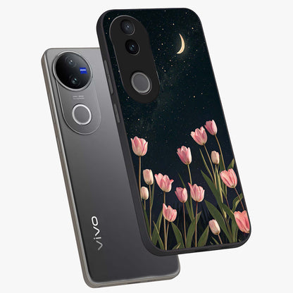 Midnight Tulip Whispers Vibe Glass Case displayed in angled mockup highlighting delicate tulip design with midnight floral aesthetic.