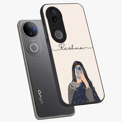 Mirror Mood Muse With Custom Name Glass Case displayed in angled mockup highlighting aesthetic mirror inspired design with custom name feature.
