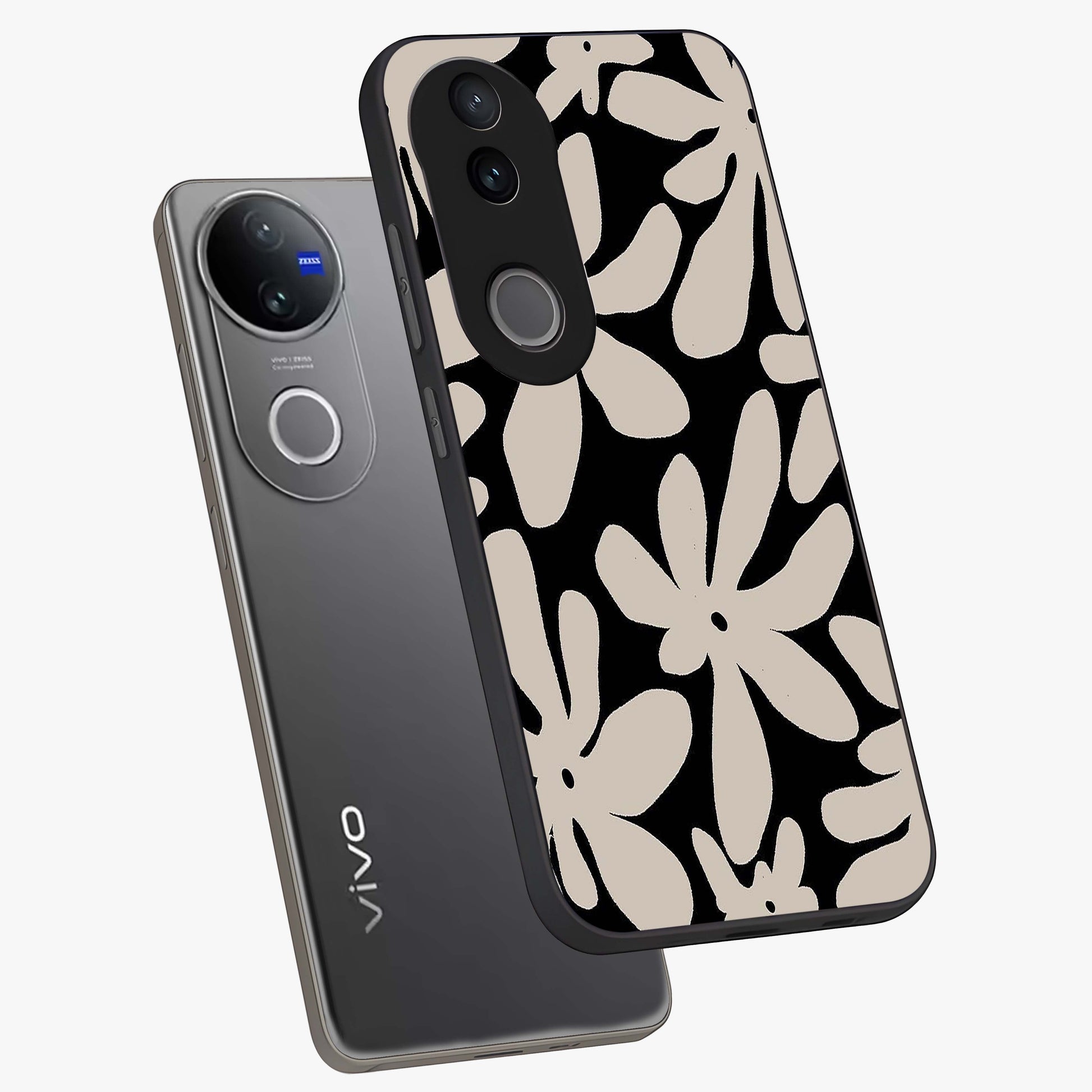 Monochrome Petal Dance Glass Case displayed in angled mockup highlighting elegant petal design with black and white aesthetic.