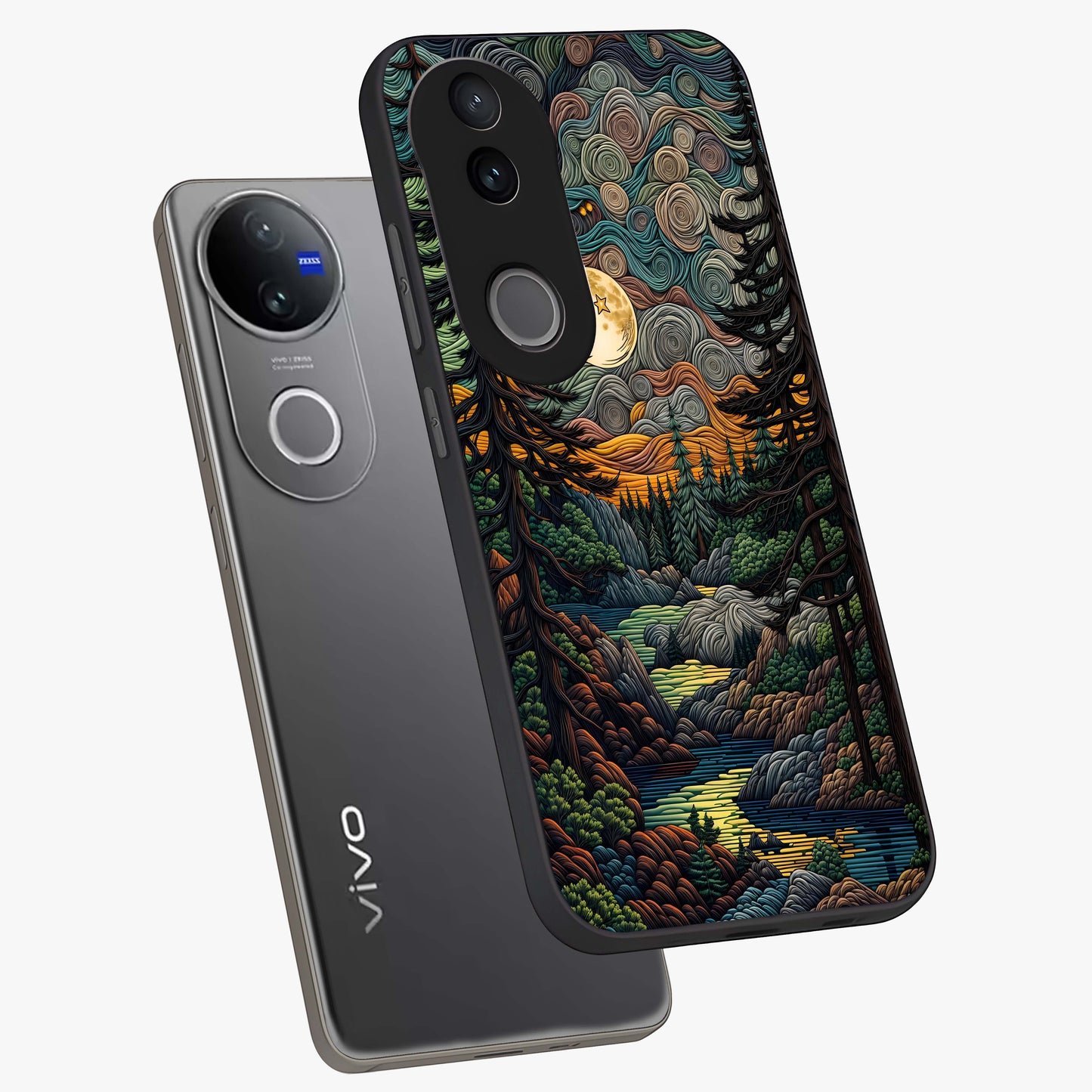 Moonlight Forest Dream Glass Case displayed in angled mockup highlighting dreamy forest design with glowing moon aesthetic.