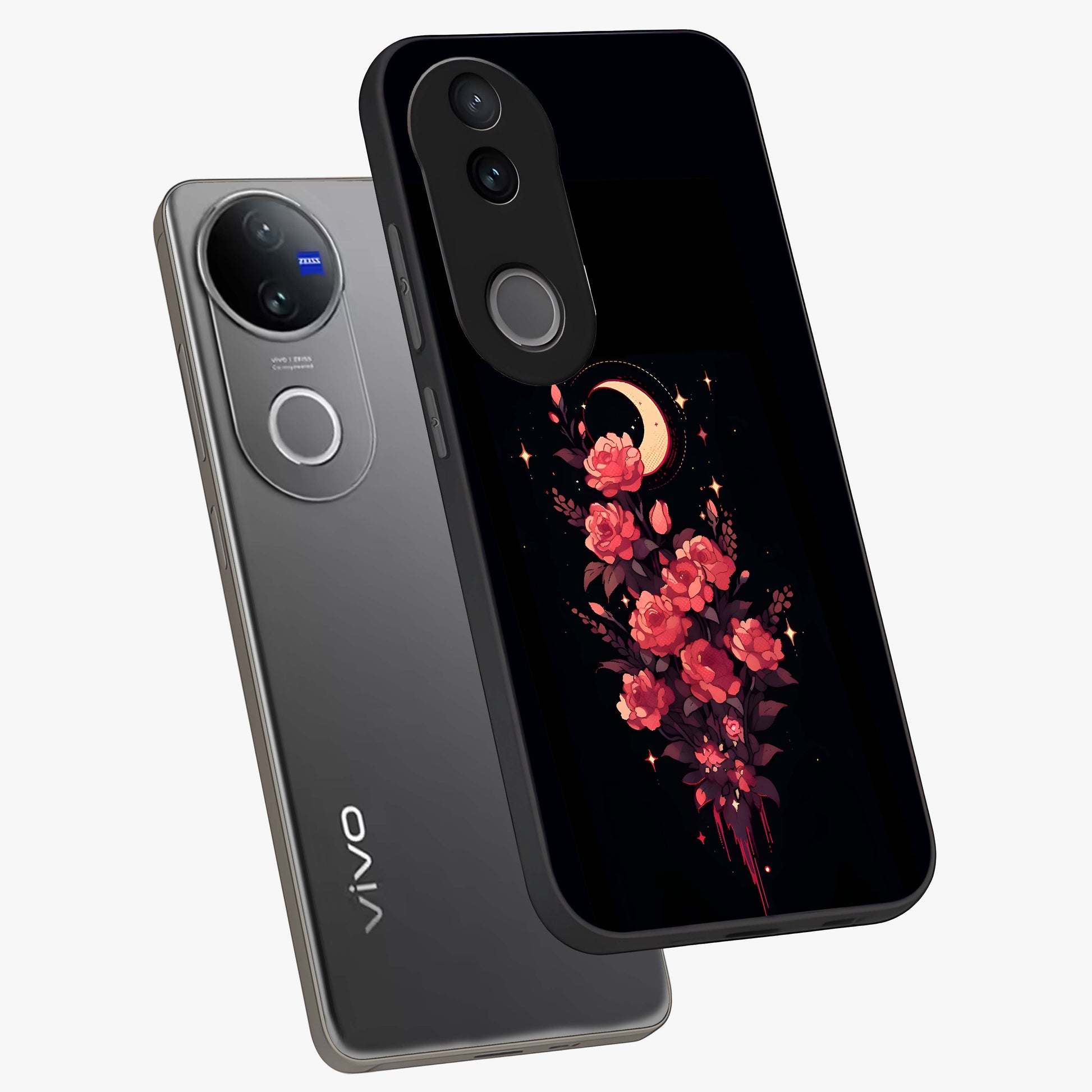 Moonlit Floral Elegance Glass Case displayed in angled mockup highlighting graceful flower design with soft moonlight aesthetic.