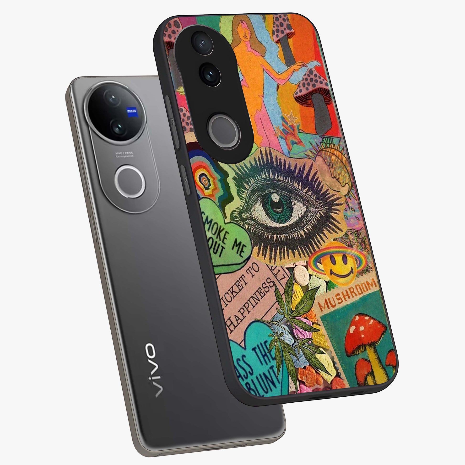 Mystic Eye Wonderland Glass Case displayed in angled mockup highlighting magical eye illustration with dreamy aesthetic.