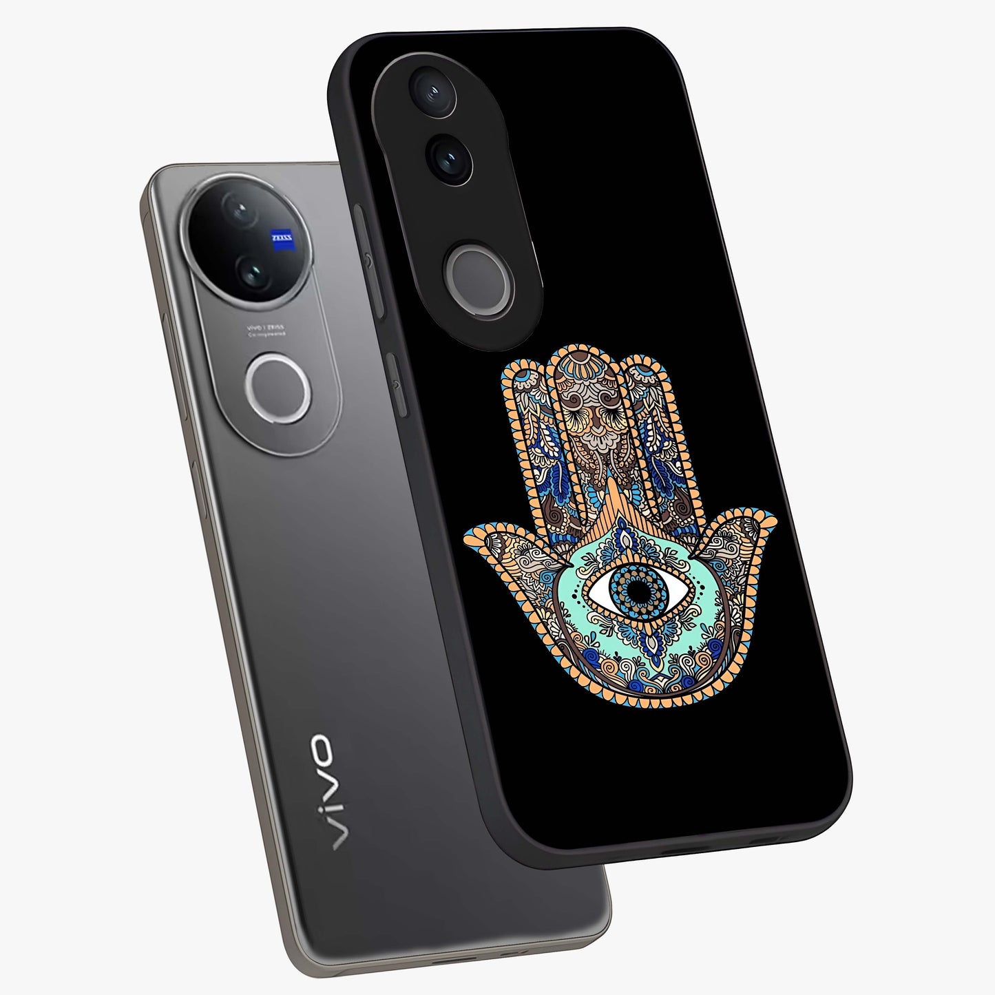 Mystic Hamsa Eye Glass Case displayed in angled mockup highlighting spiritual hamsa symbol with mystical aesthetic style.