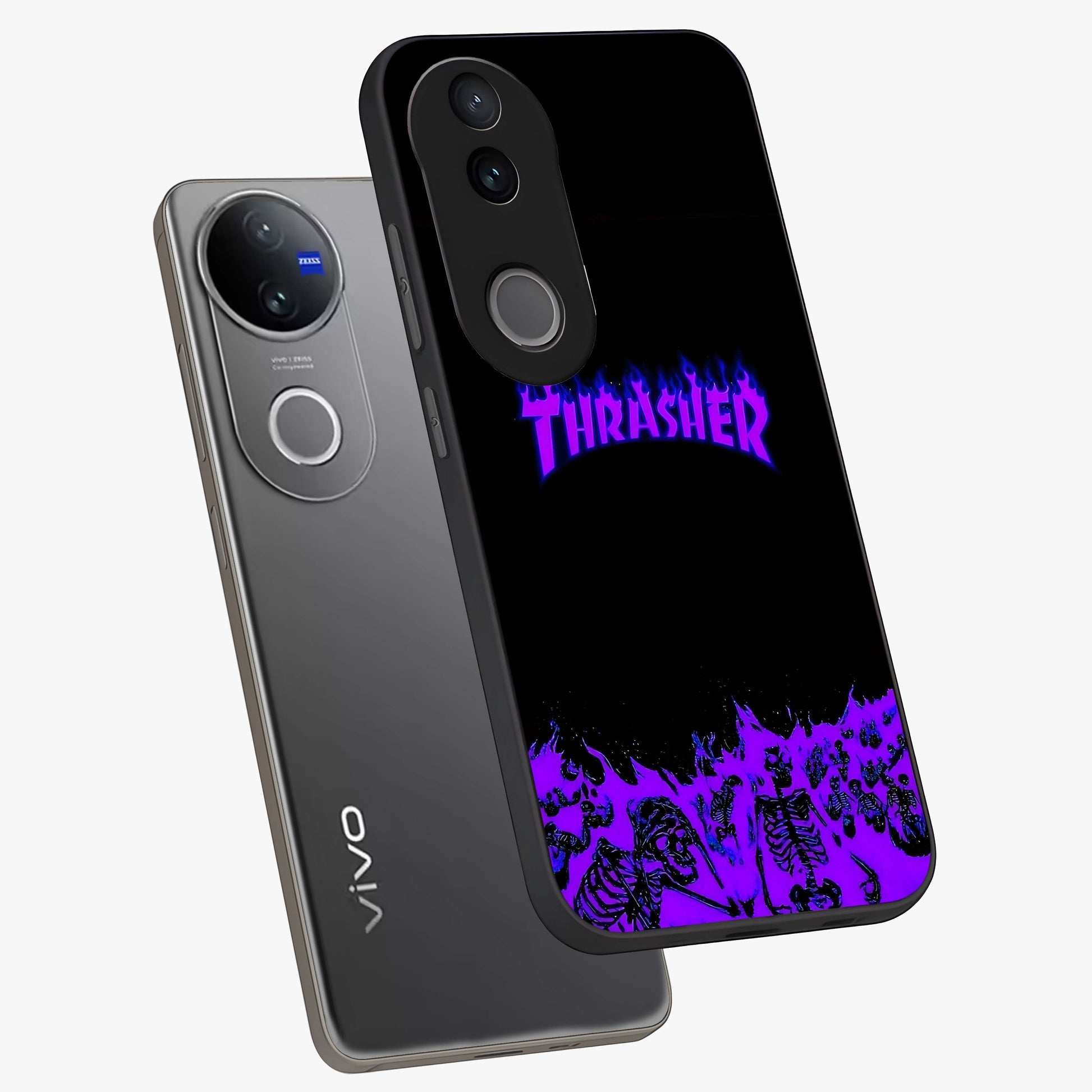 Neon Flame Riot Glass Case displayed in angled mockup highlighting glowing flame design with vibrant neon aesthetic.