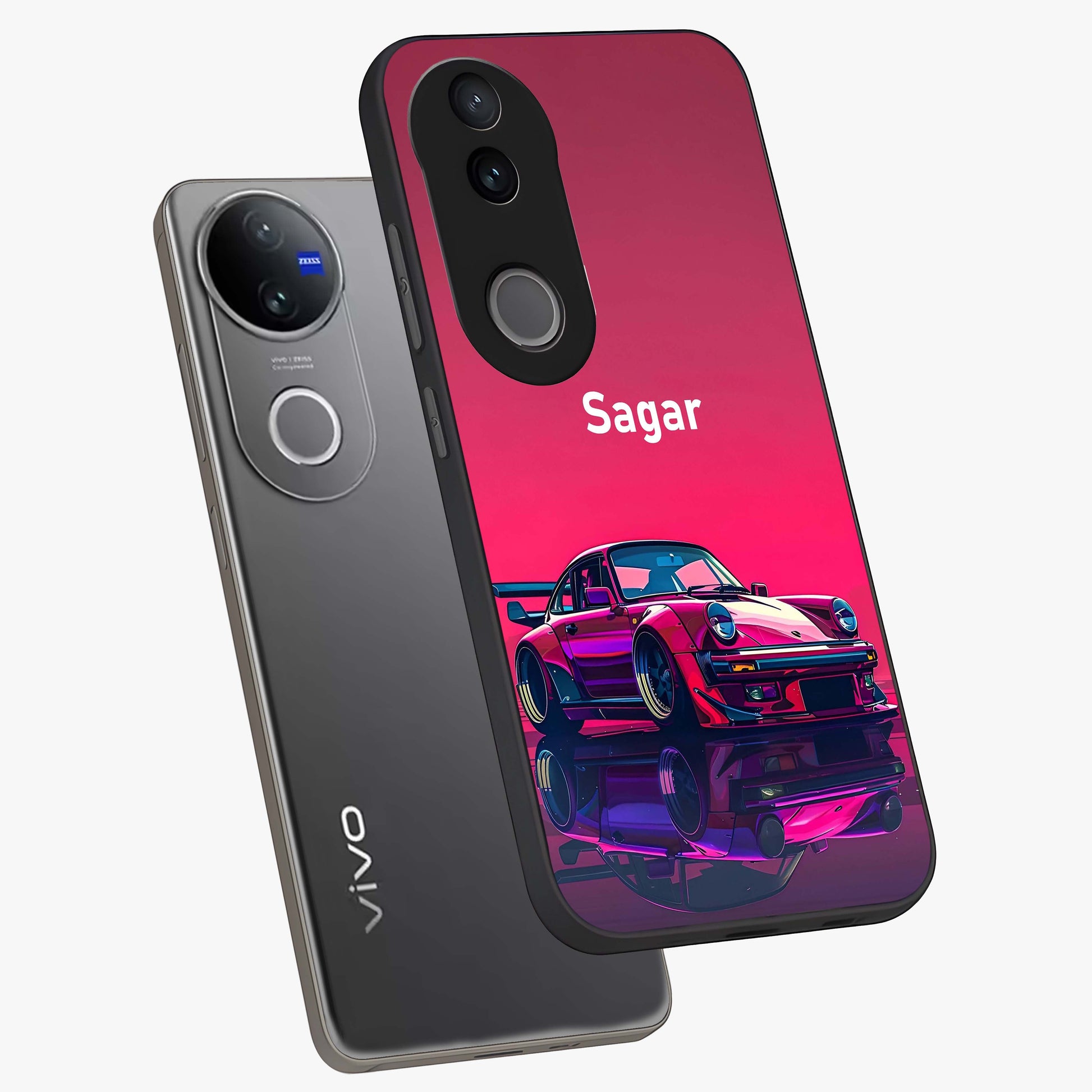 Neon Pink Porsche Glass Case displayed in angled mockup highlighting sleek neon pink car design with racing aesthetic.