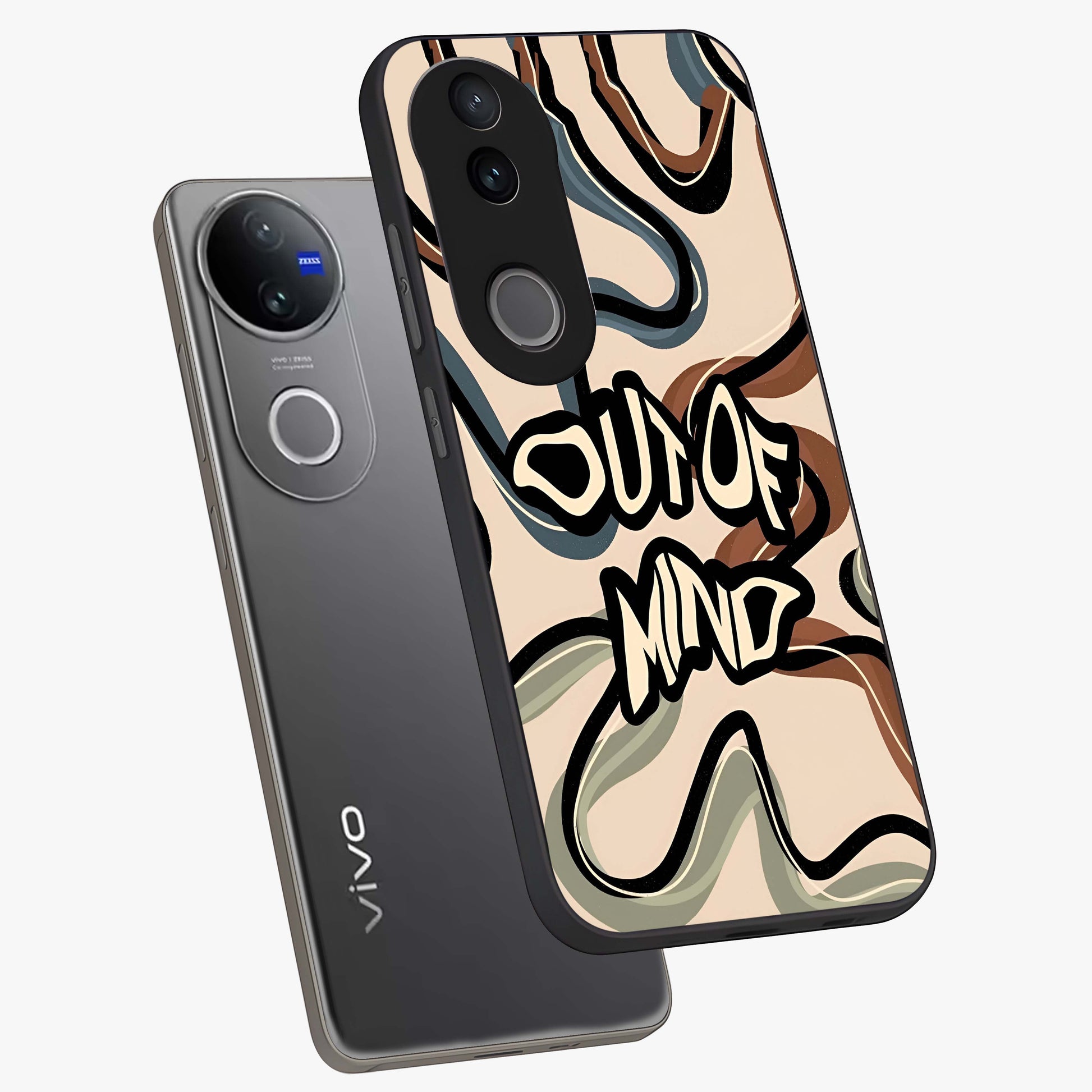 Out Of Mind Glass Case displayed in angled mockup highlighting bold statement design with modern artistic aesthetic.