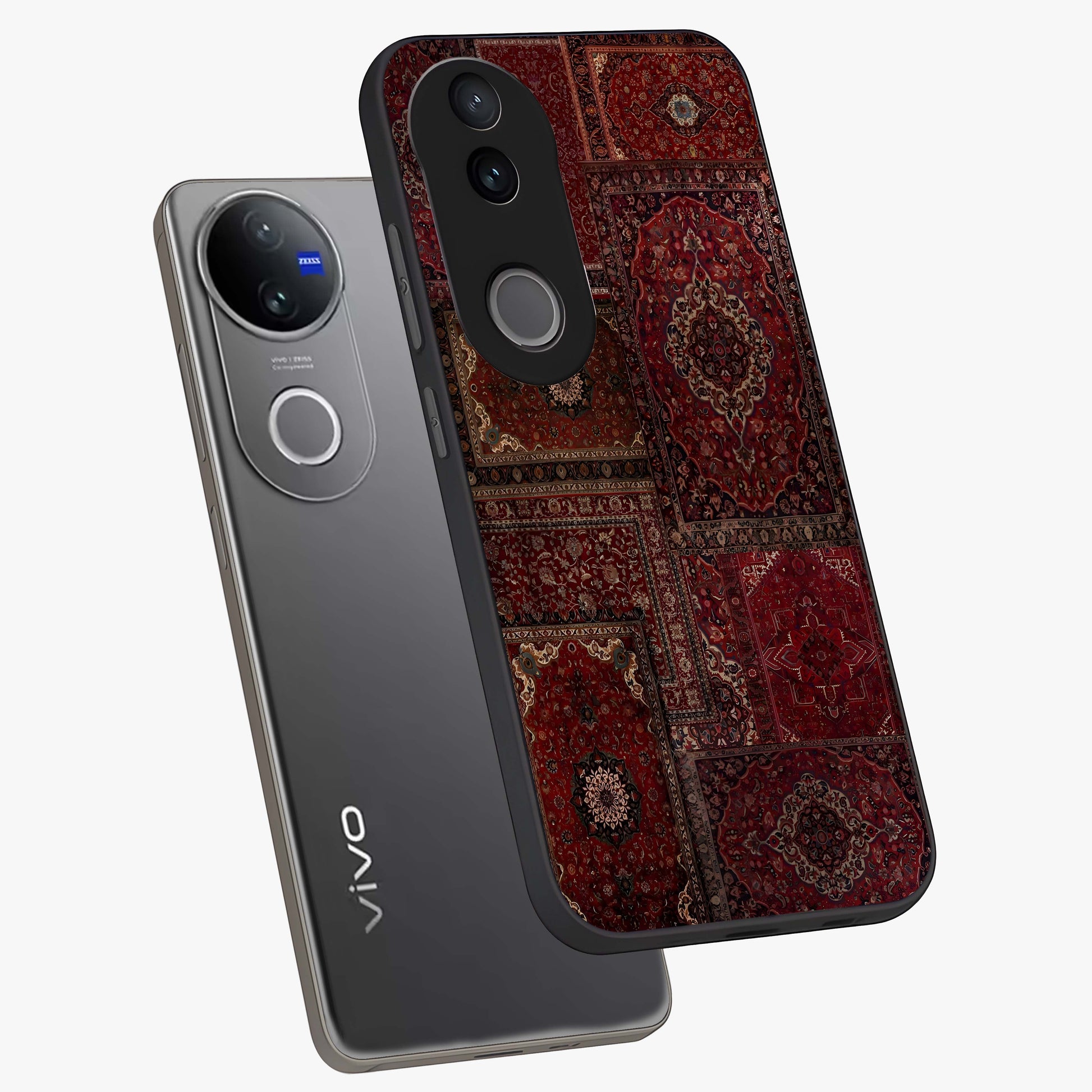 Persian Velvet Tale Glass Case displayed in angled mockup highlighting ornate textile inspired design with royal aesthetic.