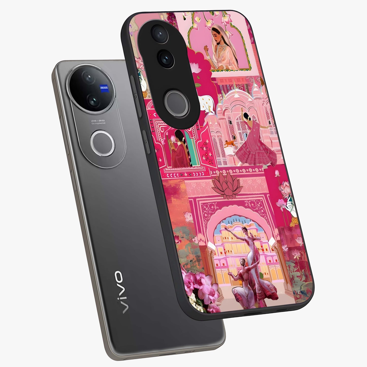 Pink Palace Muse Glass Case displayed in angled mockup highlighting dreamy palace illustration with soft pink aesthetic.